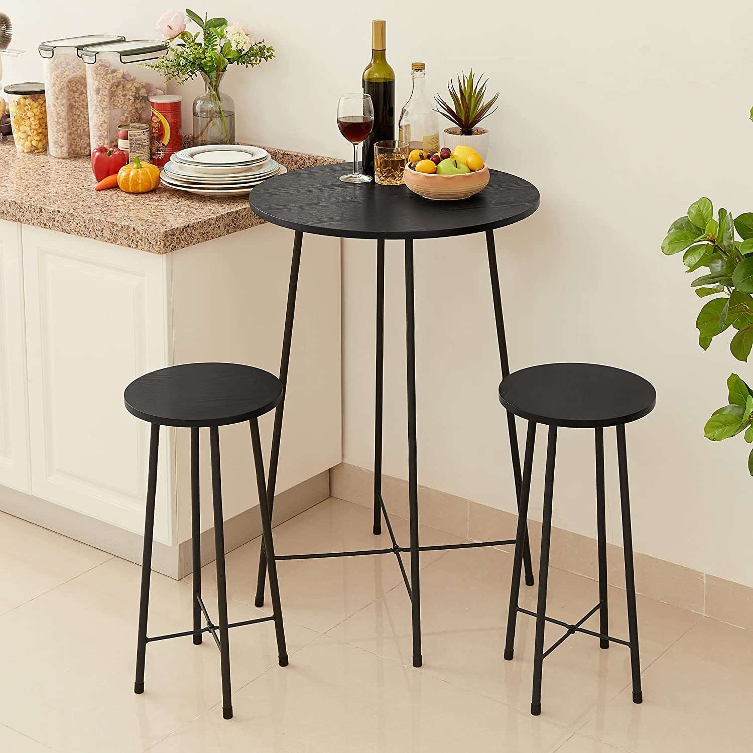 VECELO 3-Piece Round Bistro Table and Chairs Set with Counter Height & Wood top for Dining Room