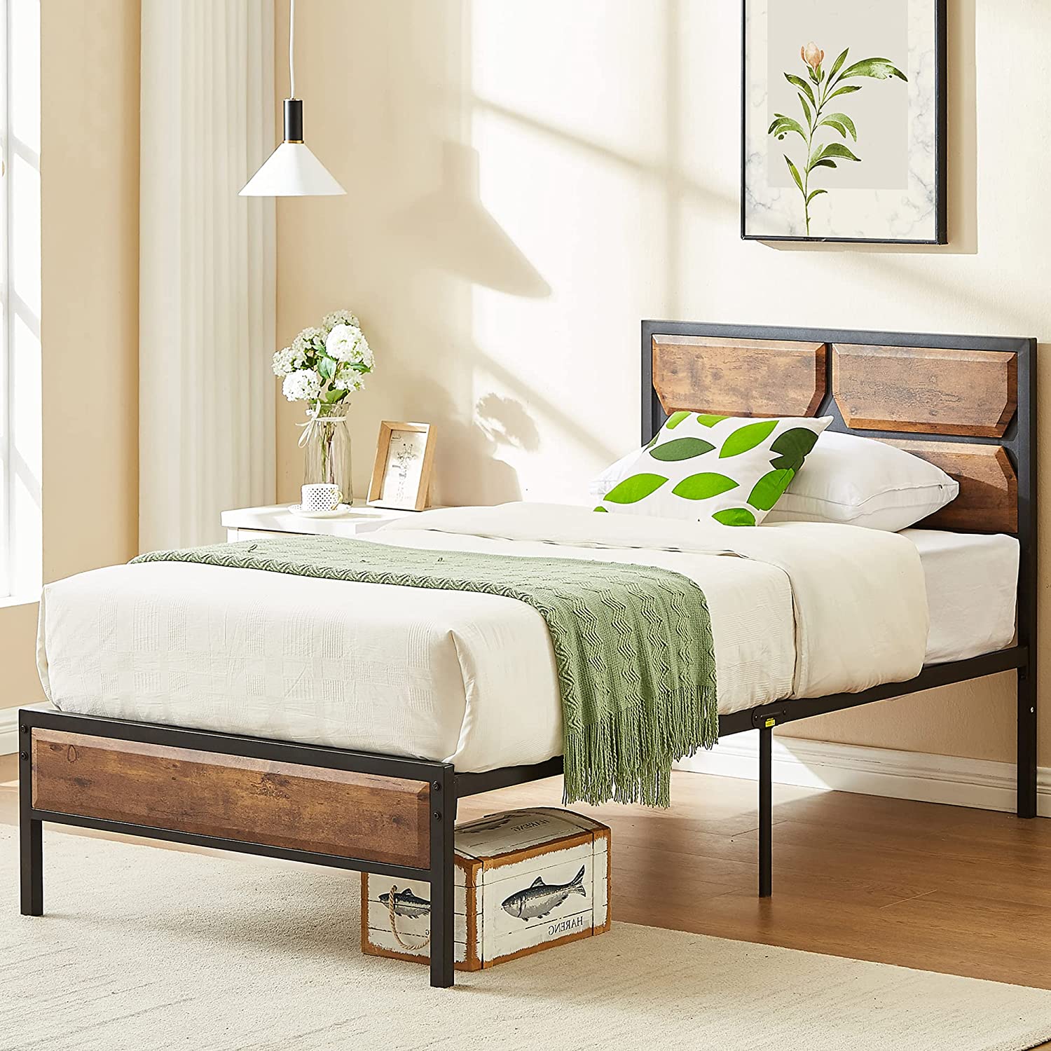 VECELO Metal Bed Frame Platform with Wooden Headboard&Footboard Mattress Foundation