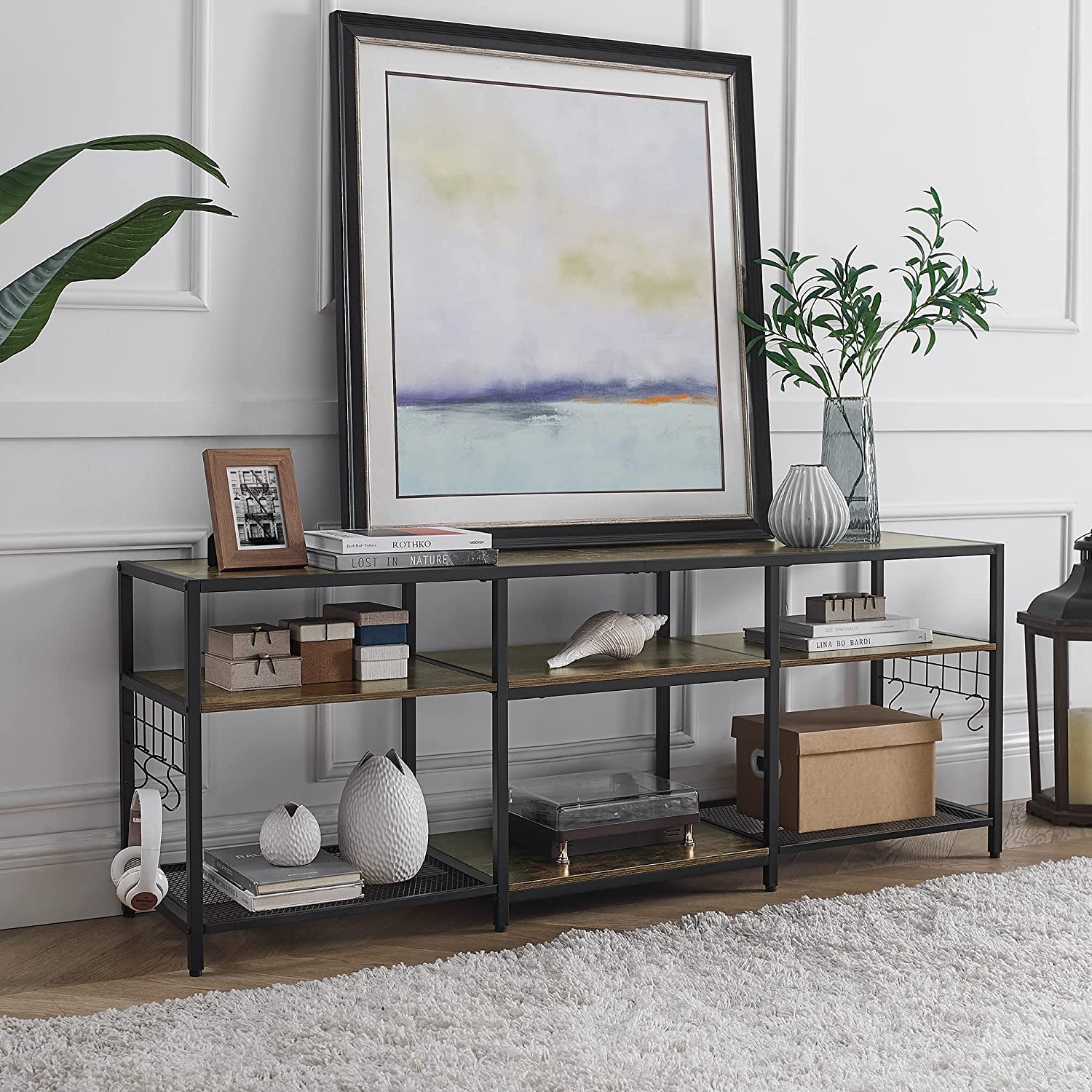 VECELO TV Stand Entertainment Center Media Console with 3-Tier Open Storage Shelves, Cabinet Table for Living Room Brown