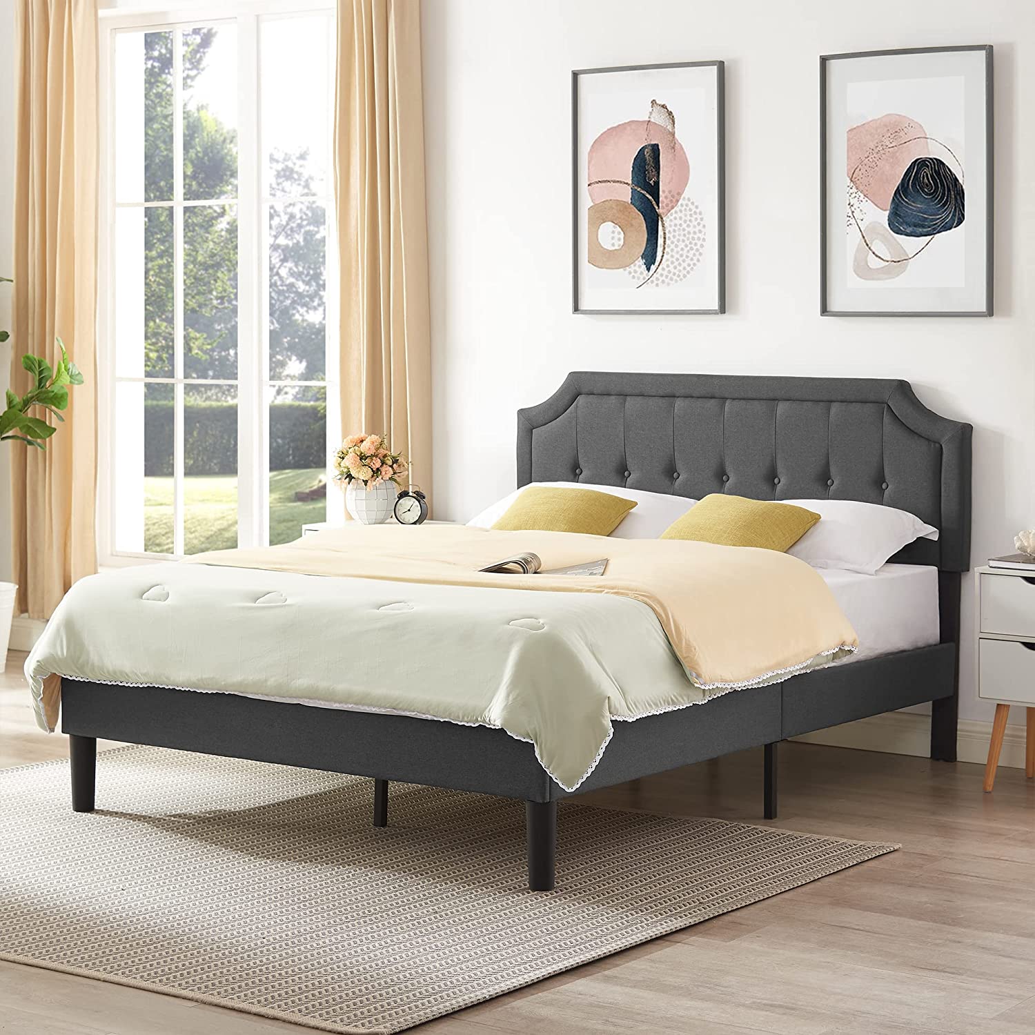 VECELO Premium Upholstered Platform Bed Diamond Stitched Panel Headboard