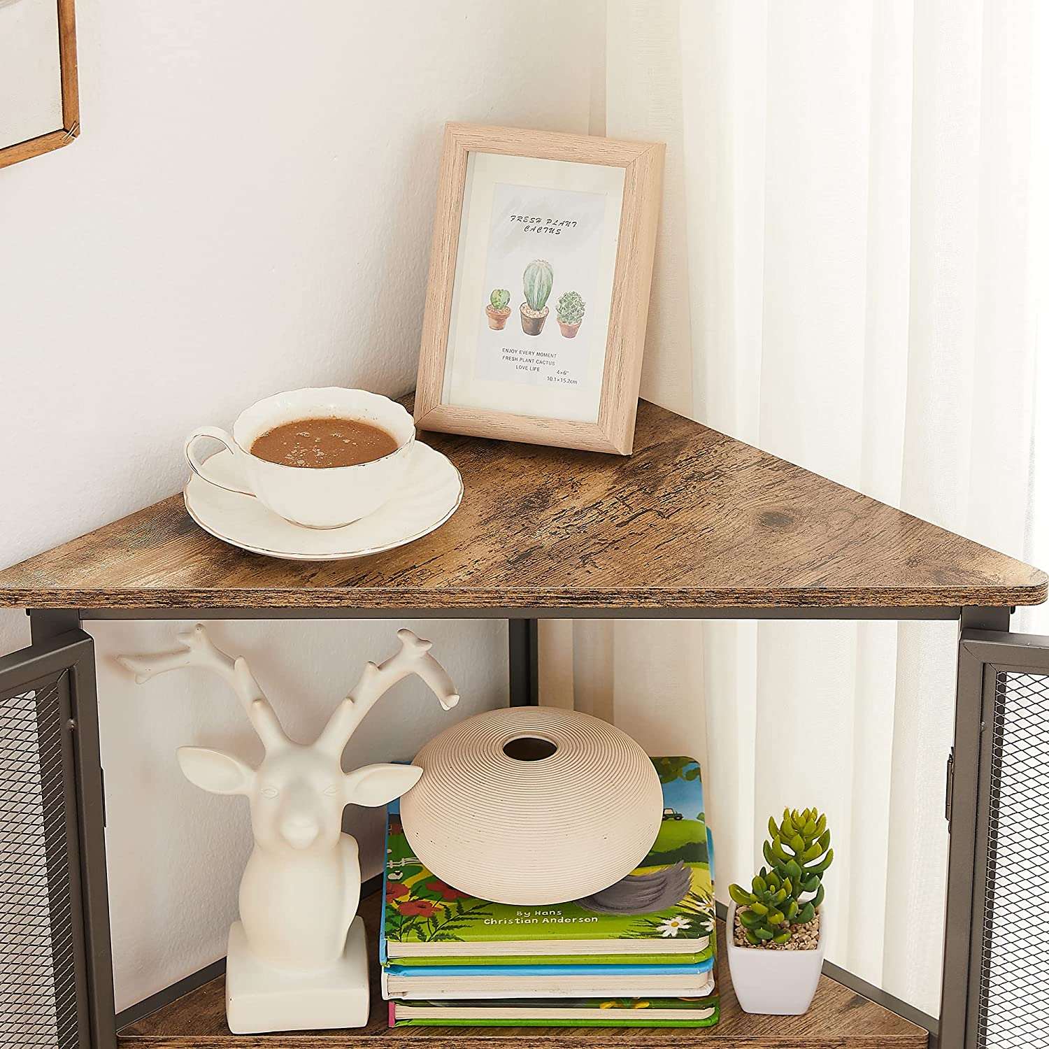 VECELO 3 Tier Corner Cabinet Shelf Display Rack with Grid Doors - VECELO