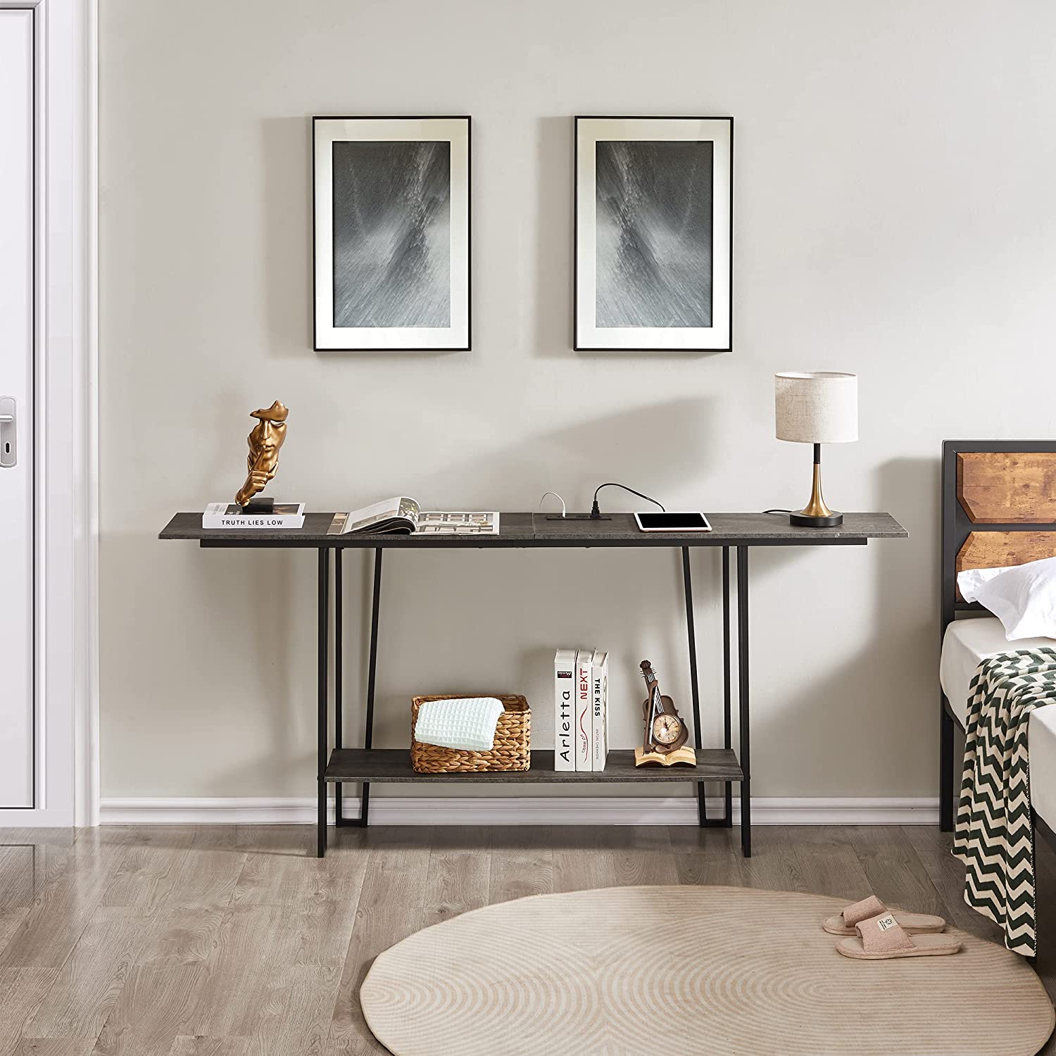 VECELO Couch Side & Console Table with 2 Outlets & 2 USB Ports