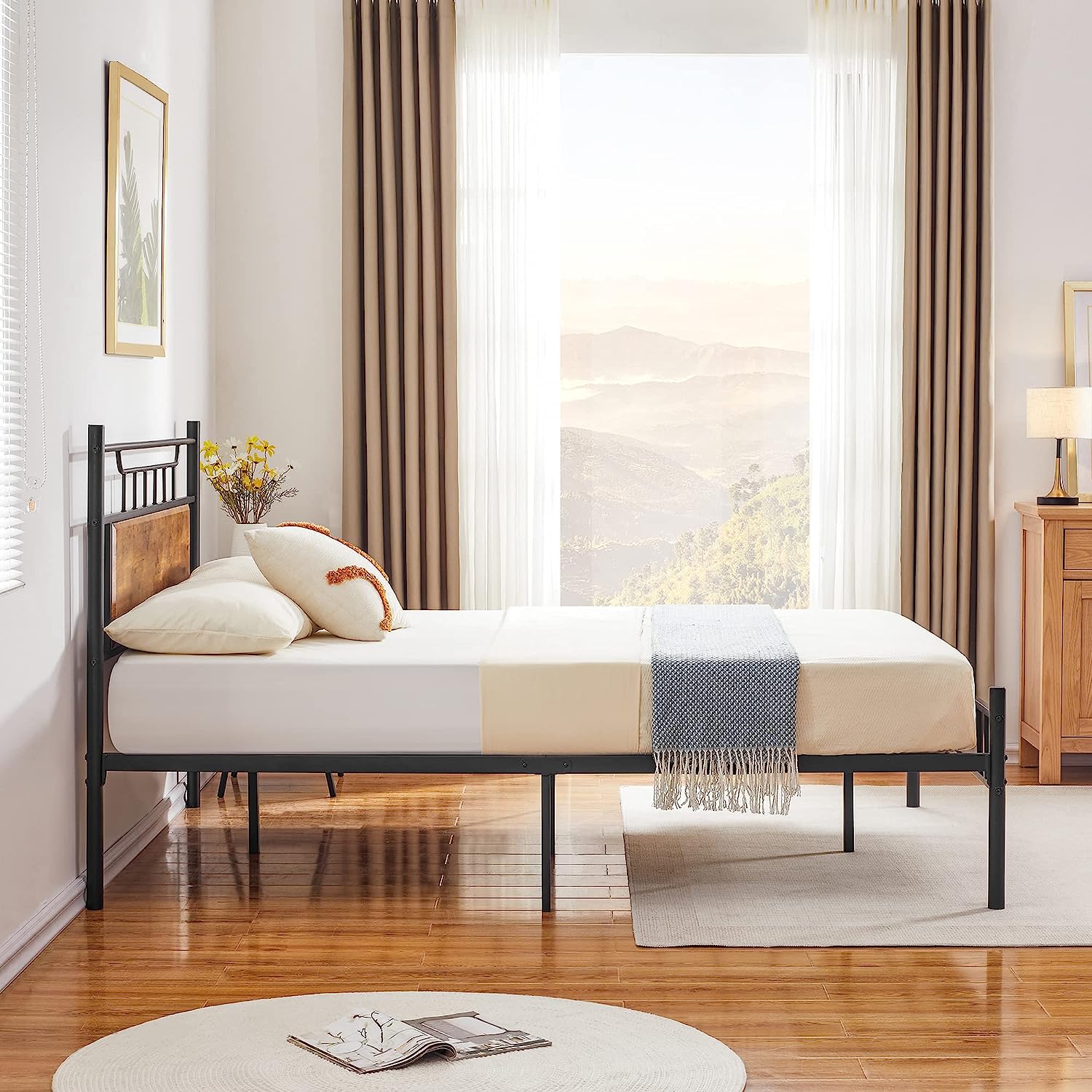 VECELO Platform Bed Frame with Wood Headboard No Box Spring Needed Heavy Duty Steel Slat