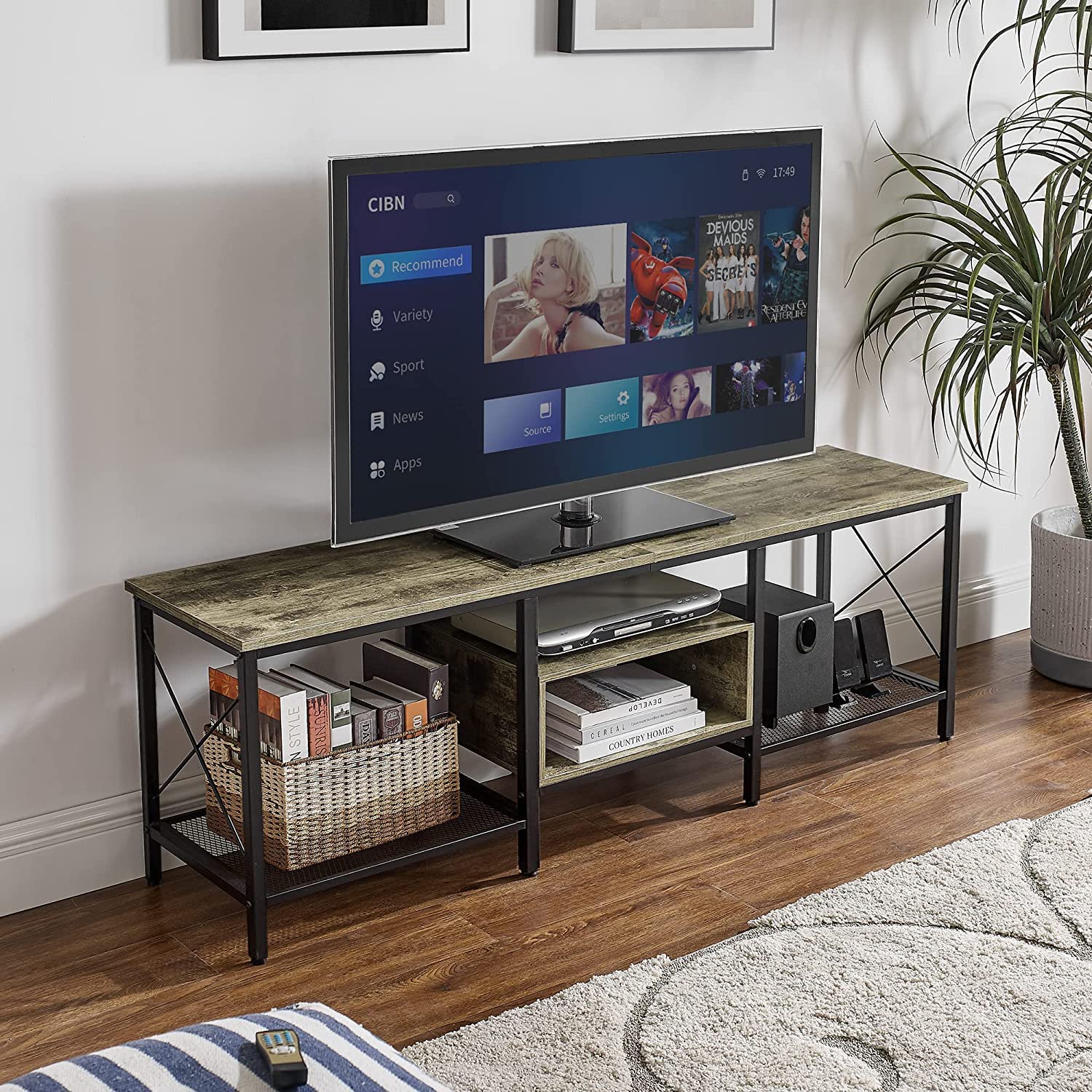 VECELO Industrial TV Stand Television Cabinet 3-Tier Console with Open Storage Shelves, Entertainment Center with Metal Frame for Living Room