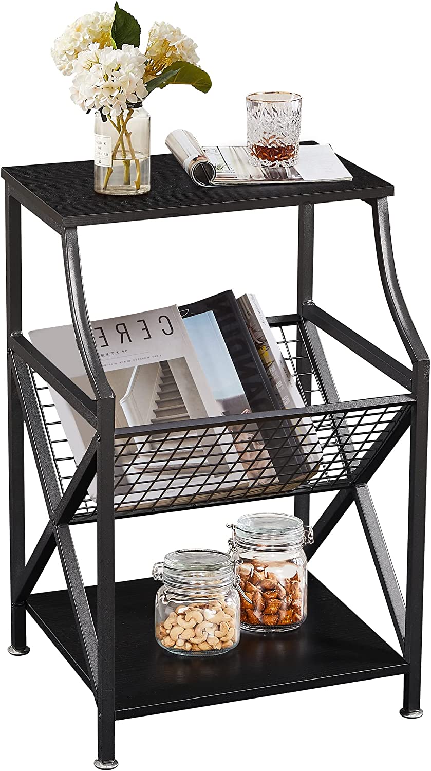 VECELO 3-Tier End Table with Storage Magazine Holder