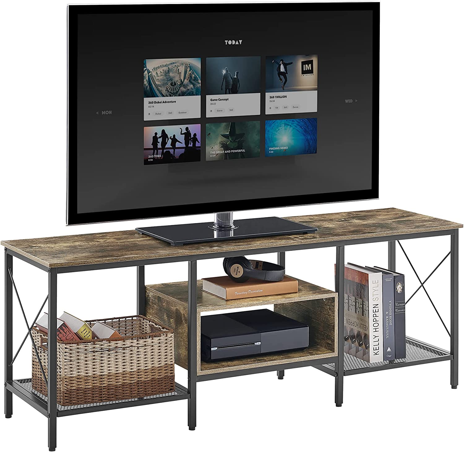 VECELO Industrial TV Stand Television Cabinet 3-Tier Console with Open Storage Shelves, Entertainment Center with Metal Frame for Living Room