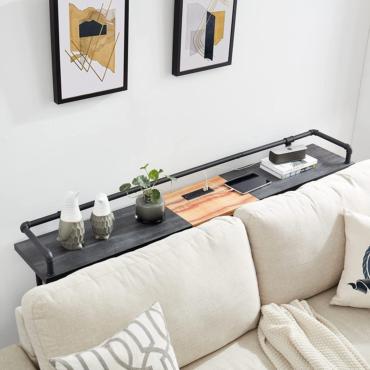 VECELO Extra Long Console/Sofa Table with Charging Station&Power Outle
