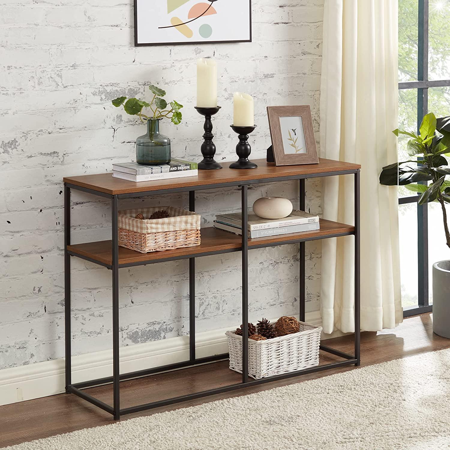 VECELO Multipurpose Console, Narrow Sofa 2-Tier Rustic Hallway Table with Storage Shelves