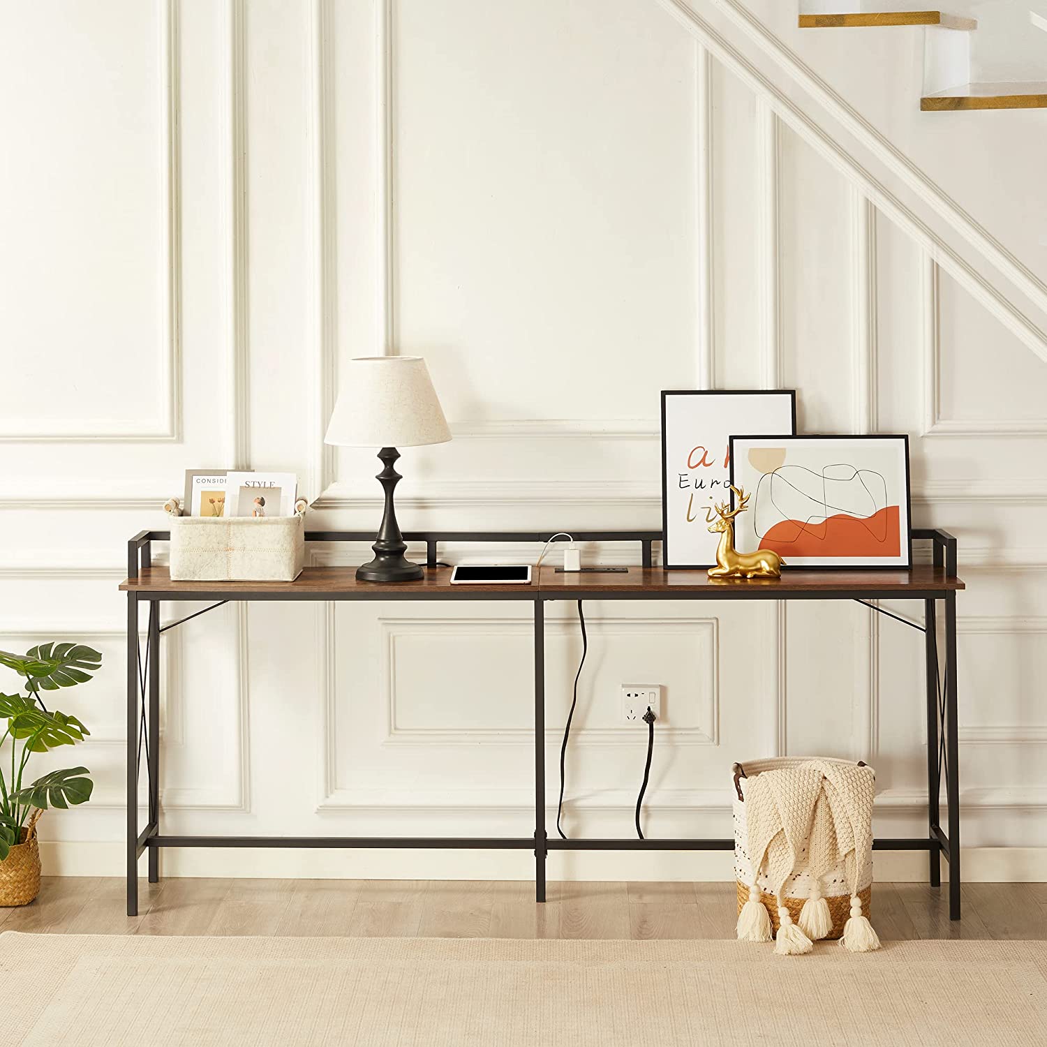 VECELO Extra Long Entryway Narrow Sofa Couch Behind Console Table with Power Outlet & USB Ports