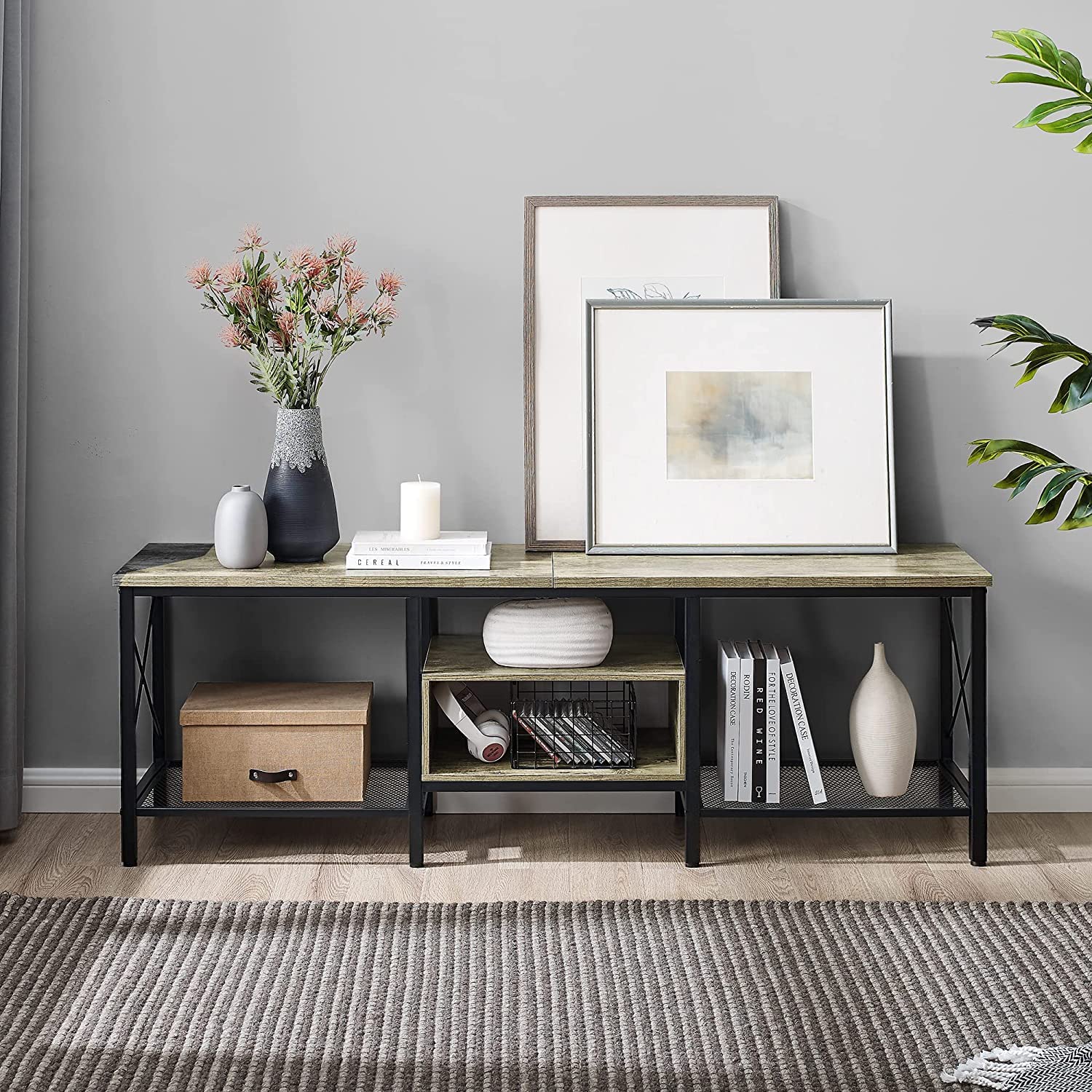 VECELO Industrial TV Stand Television Cabinet 3-Tier Console with Open Storage Shelves, Entertainment Center with Metal Frame for Living Room