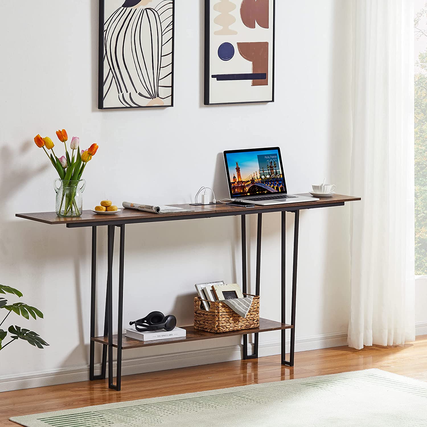 VECELO Couch Side & Console Table with 2 Outlets & 2 USB Ports