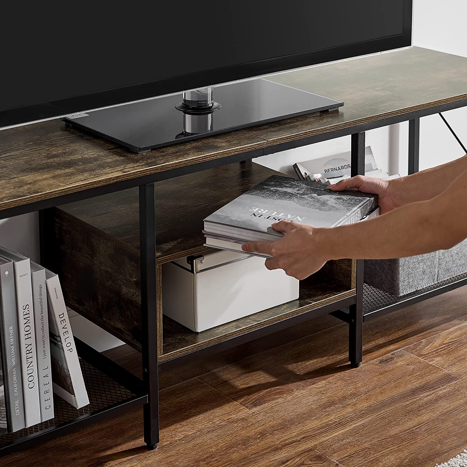 VECELO Industrial TV Stand Television Cabinet 3-Tier Console with Open Storage Shelves, Entertainment Center with Metal Frame for Living Room