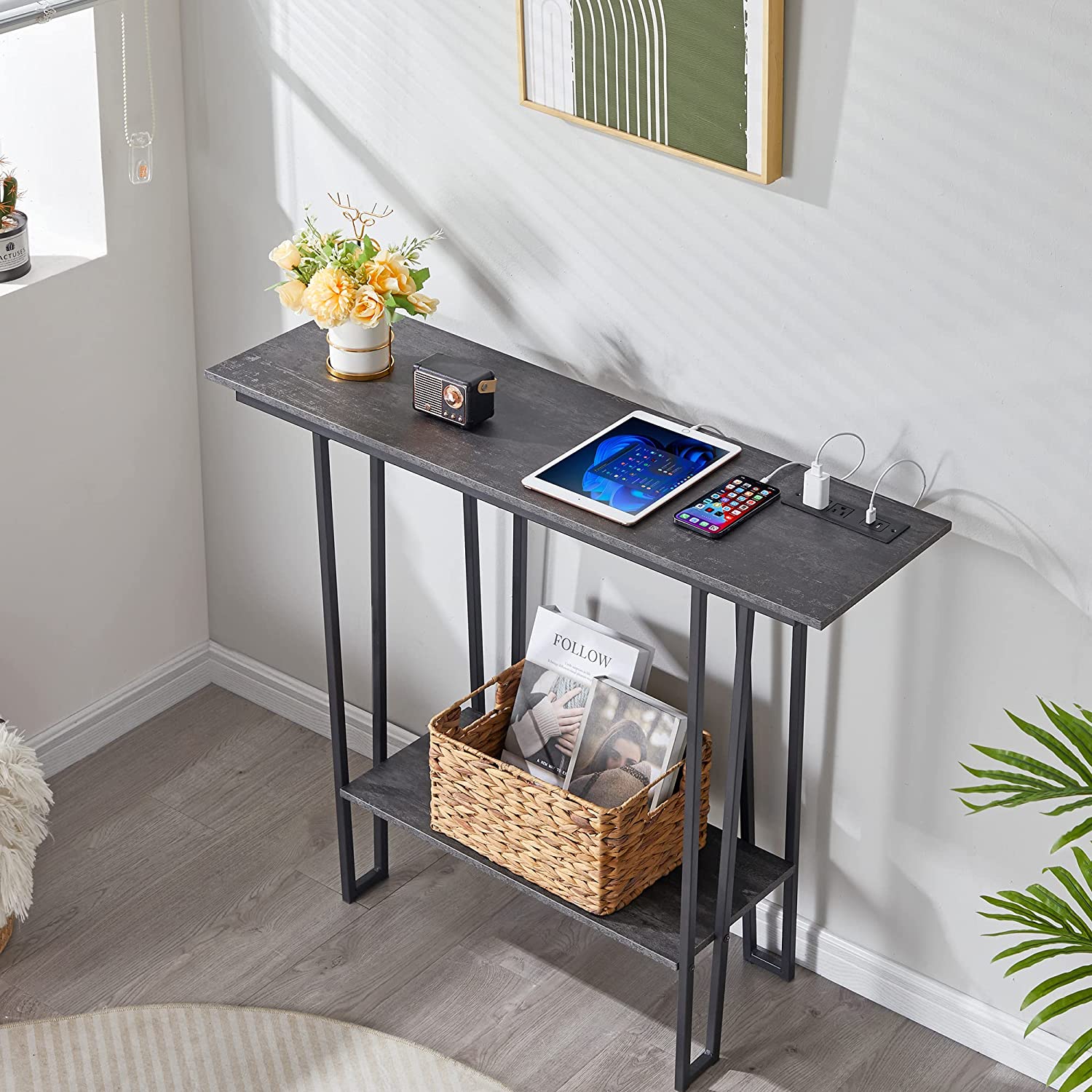 VECELO Couch Side & Console Table with 2 Outlets & 2 USB Ports