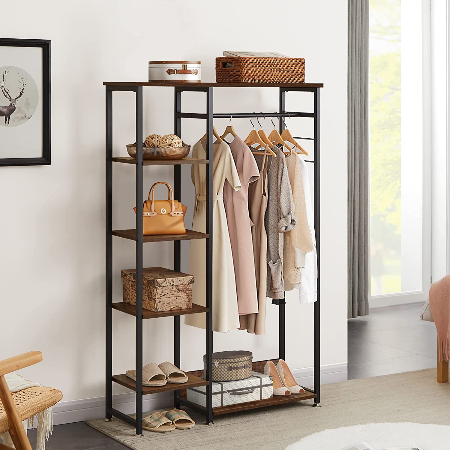 VECELO Open Garment Clothing Rack, Free-Standing Heavy Duty Storage Closet with 5 Shelves and Hanging Rod