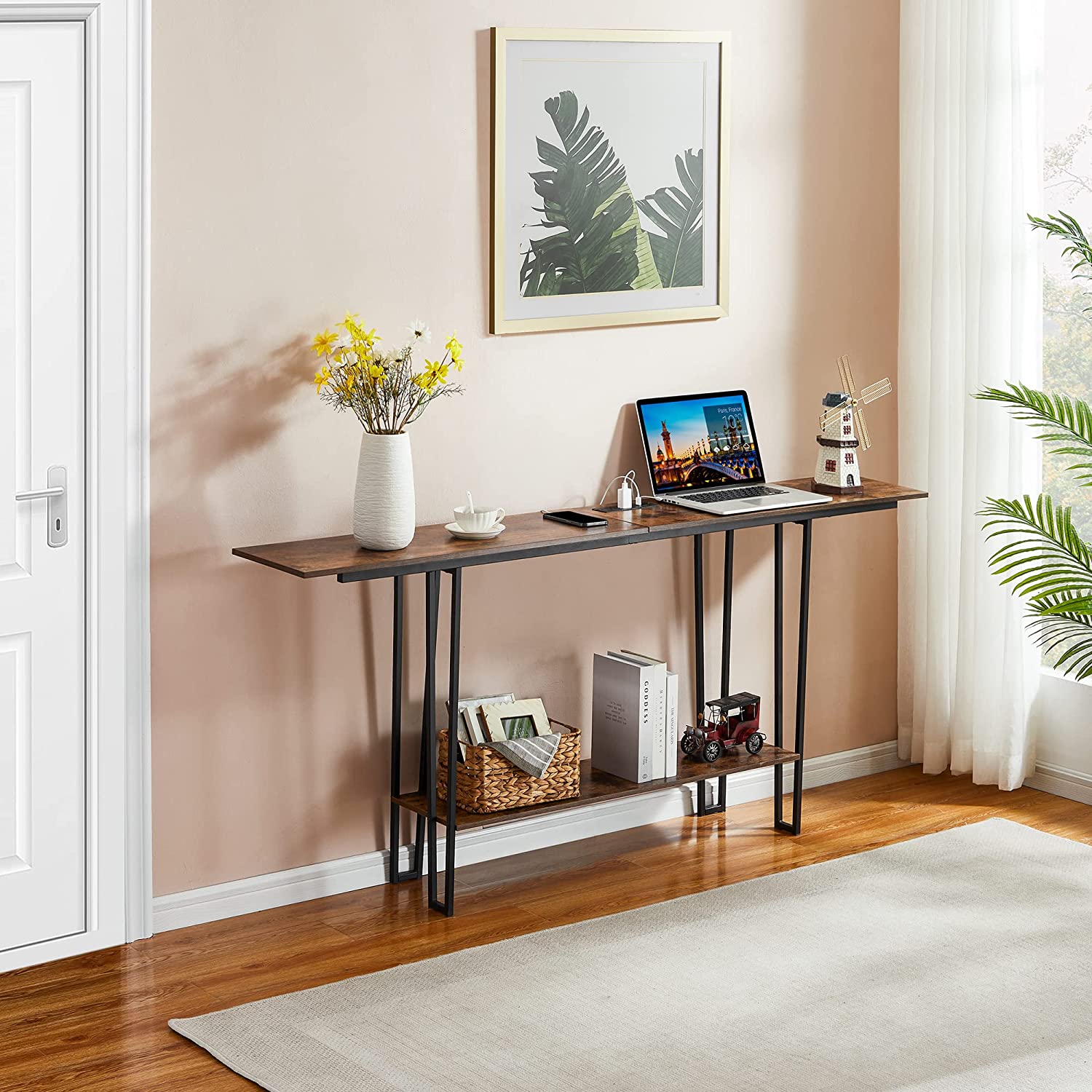 VECELO Couch Side & Console Table with 2 Outlets & 2 USB Ports