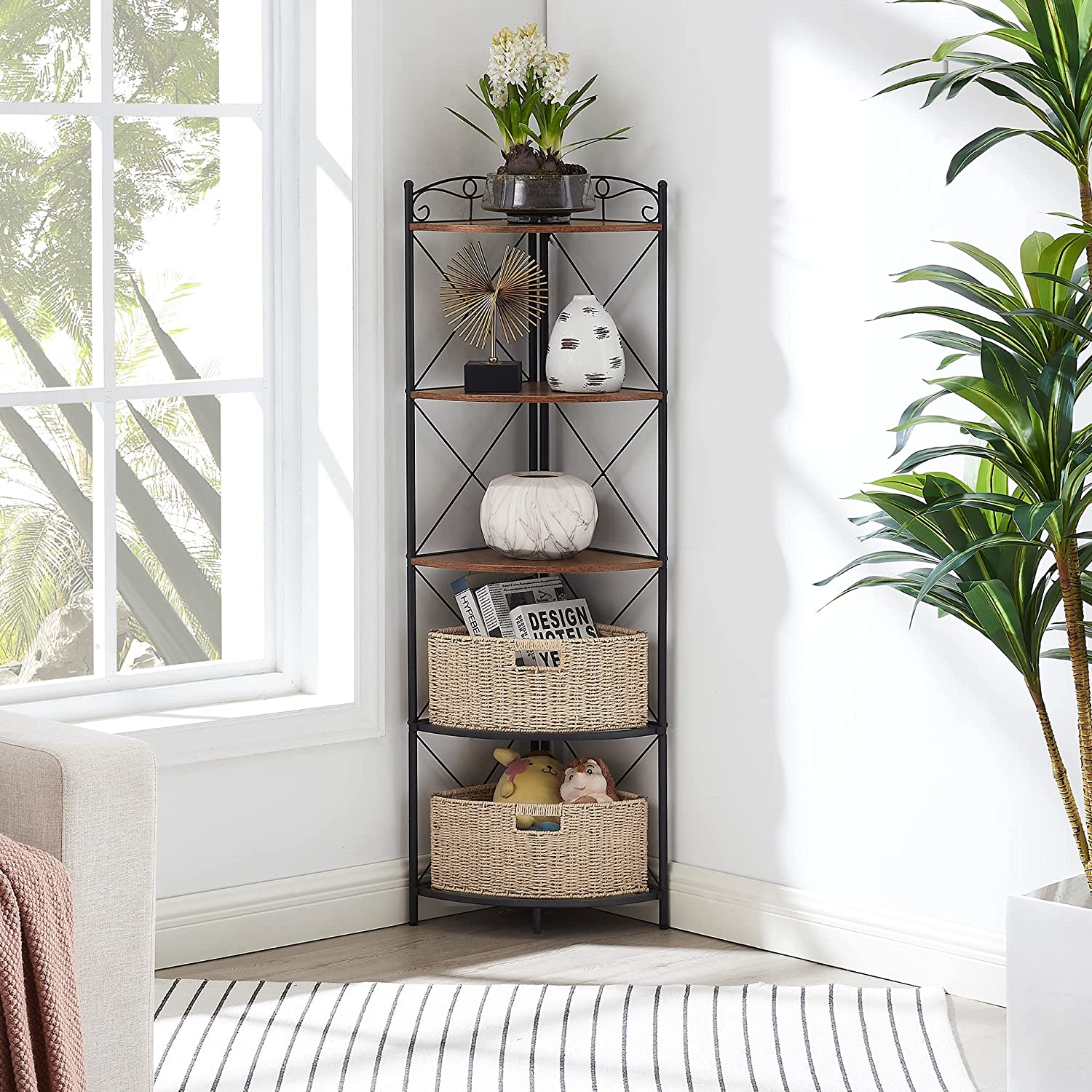 VECELO Corner Storage Cabinet with Wooden Shelves Free-Standing Organizer
