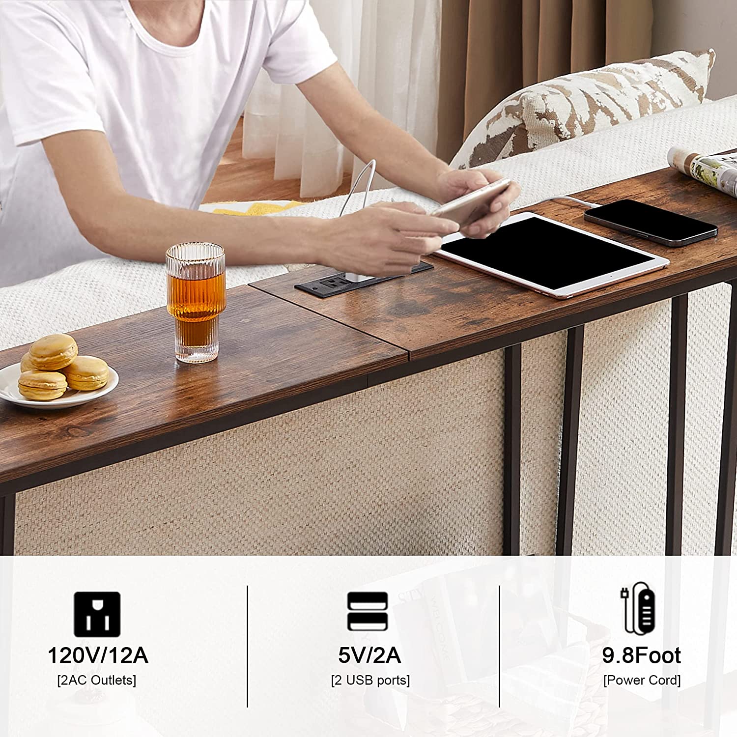 VECELO Couch Side & Console Table with 2 Outlets & 2 USB Ports