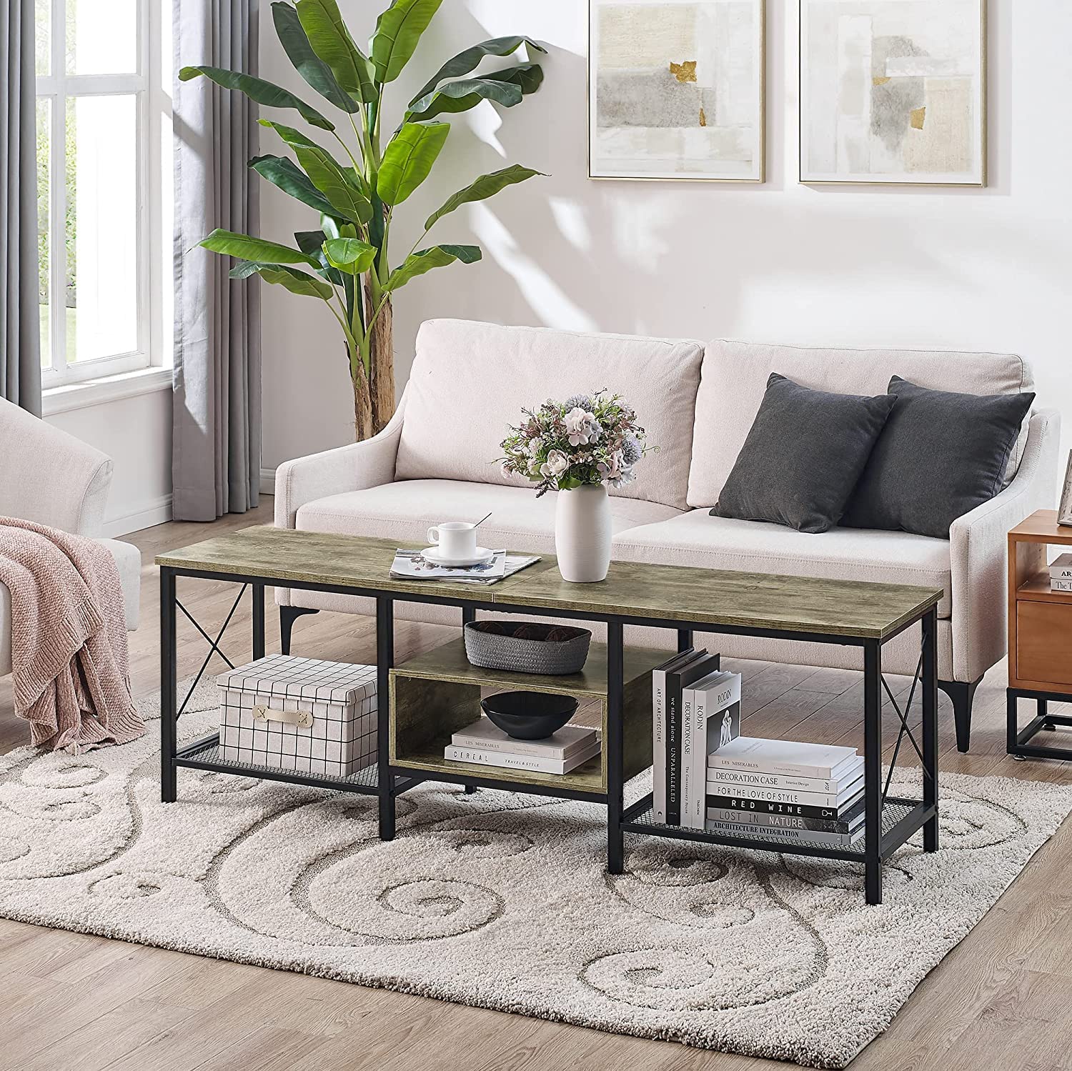 VECELO Industrial TV Stand Television Cabinet 3-Tier Console with Open Storage Shelves, Entertainment Center with Metal Frame for Living Room