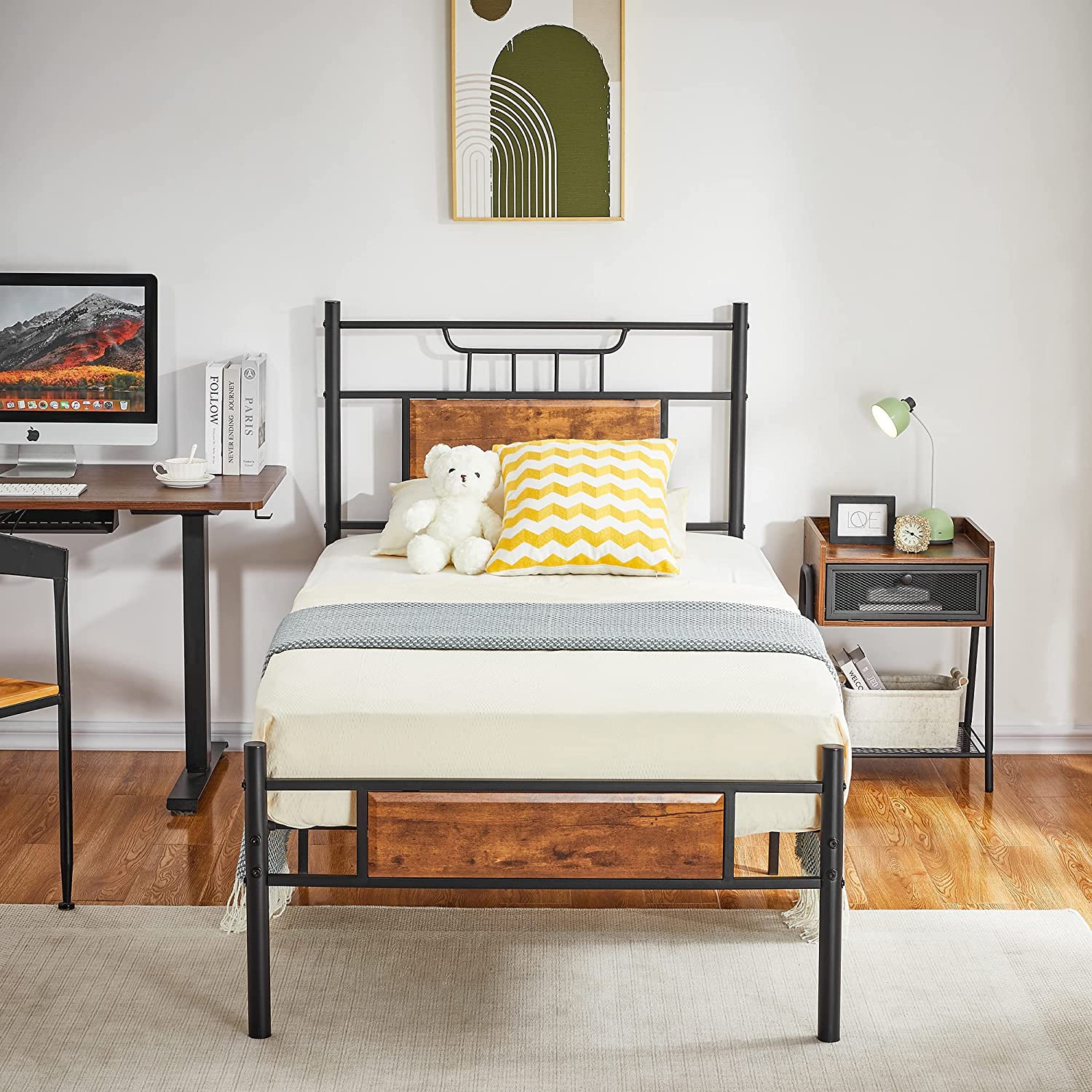 ベッドフレーム bed frame with mattress VECELO Size Bed Frame with Wooden Headboard, Metal Platform Bed