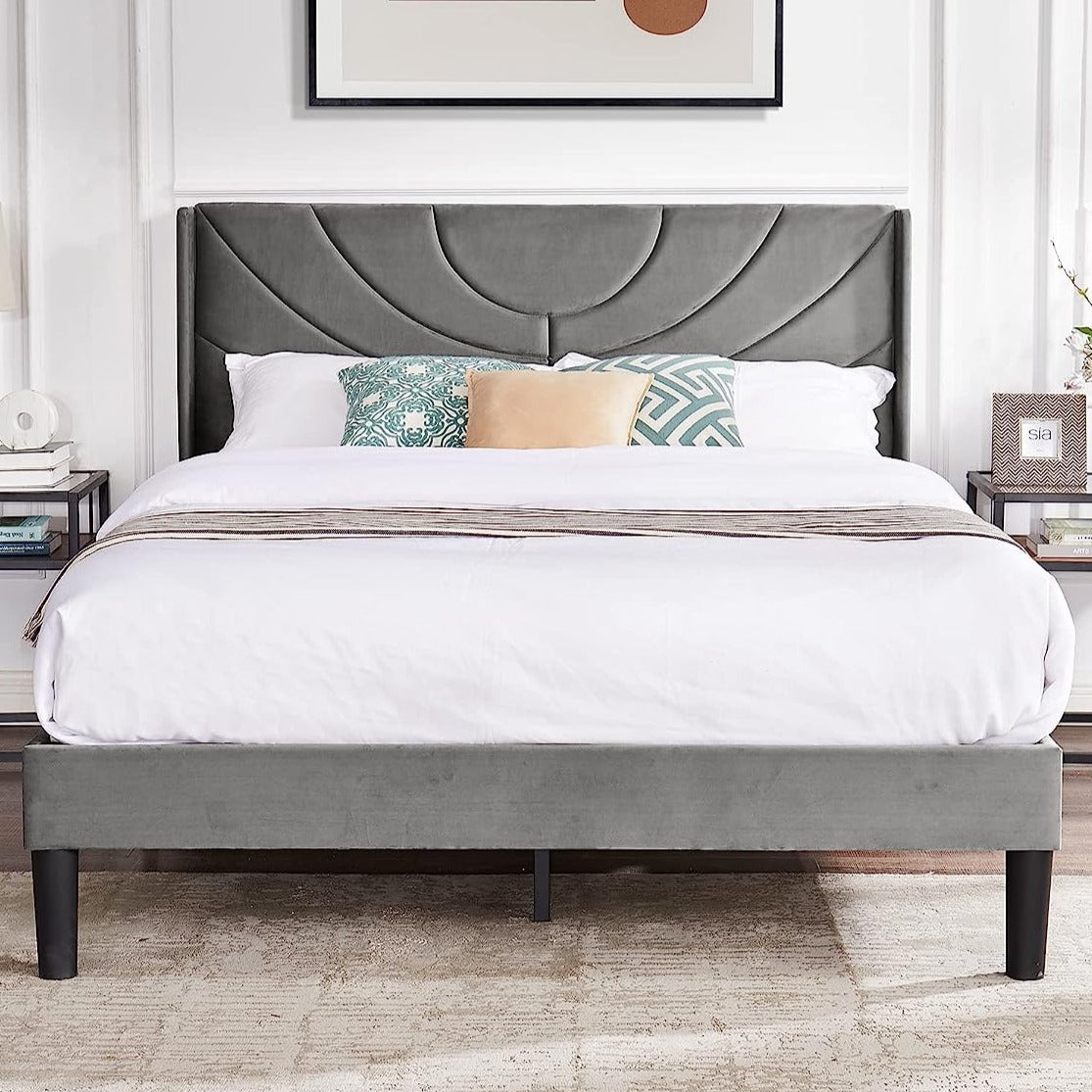 VECELO Upholstered Platform Bed Frame with Adjustable Fabric Headboard