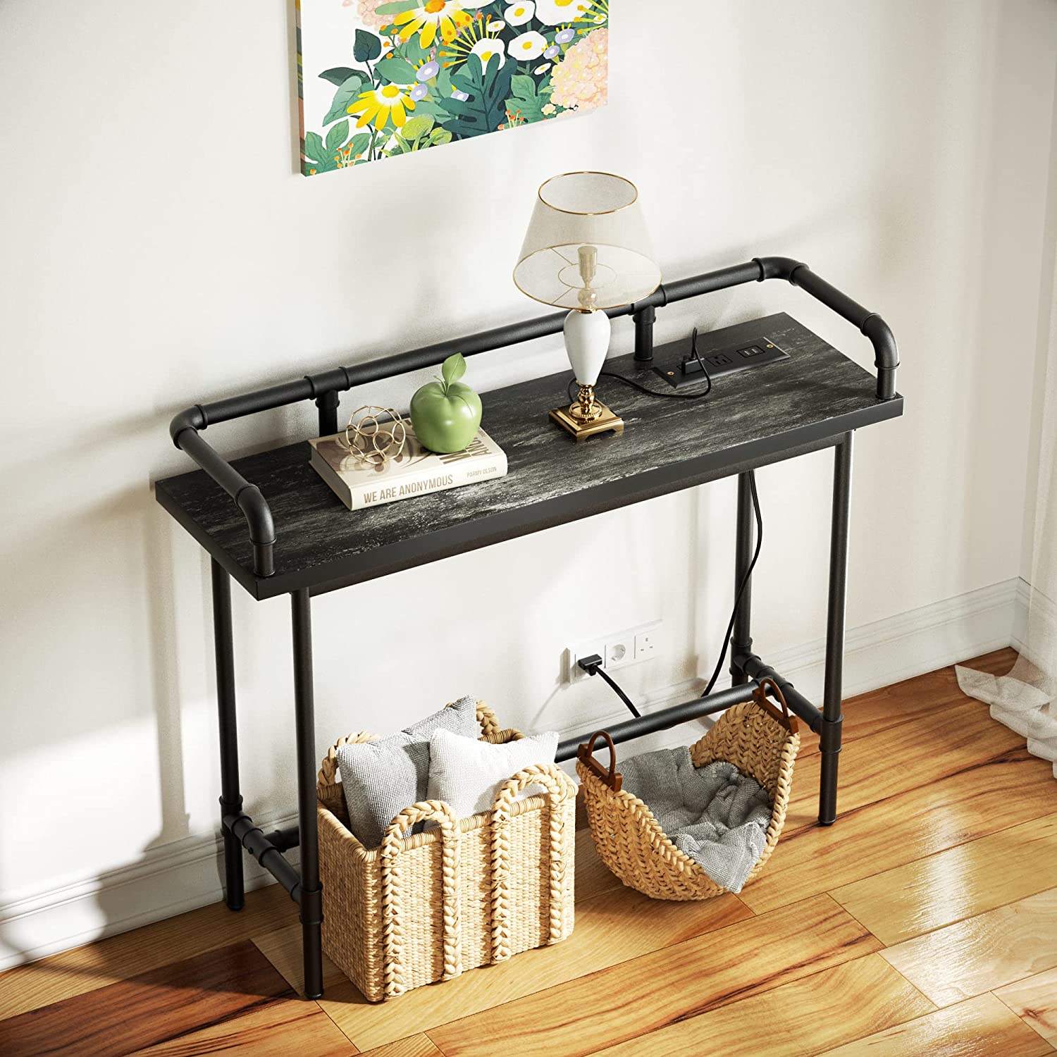 VECELO Extra Long Console/Sofa Table with Charging Station&Power Outle