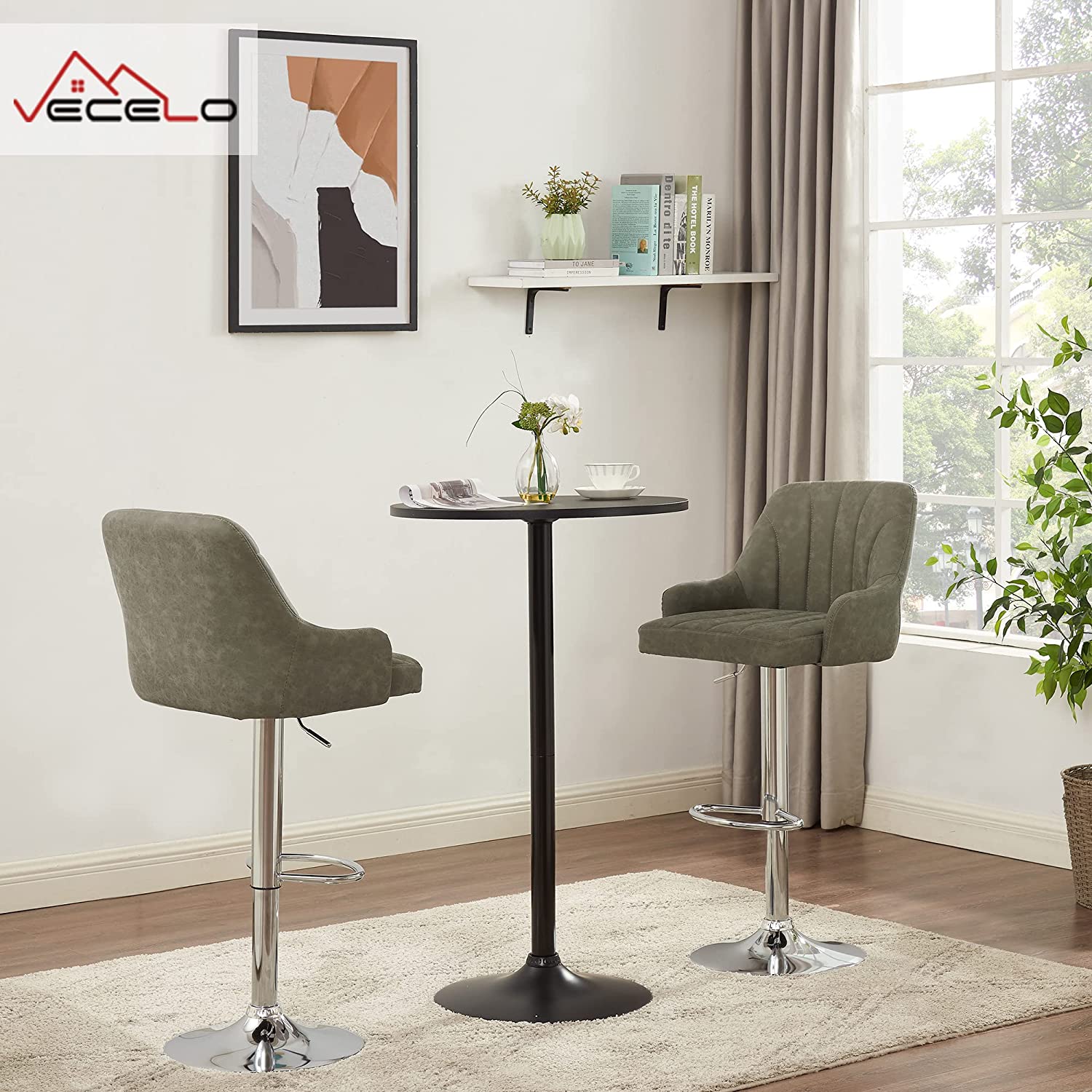 VECELO Adjustable Counter Height Bar Stools with Back and Arm Stools Set of 2 - VECELO