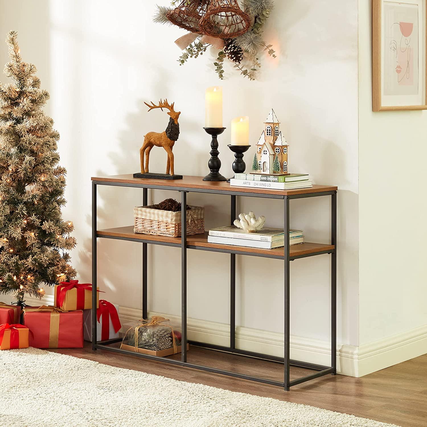 VECELO Multipurpose Console, Narrow Sofa 2-Tier Rustic Hallway Table with Storage Shelves