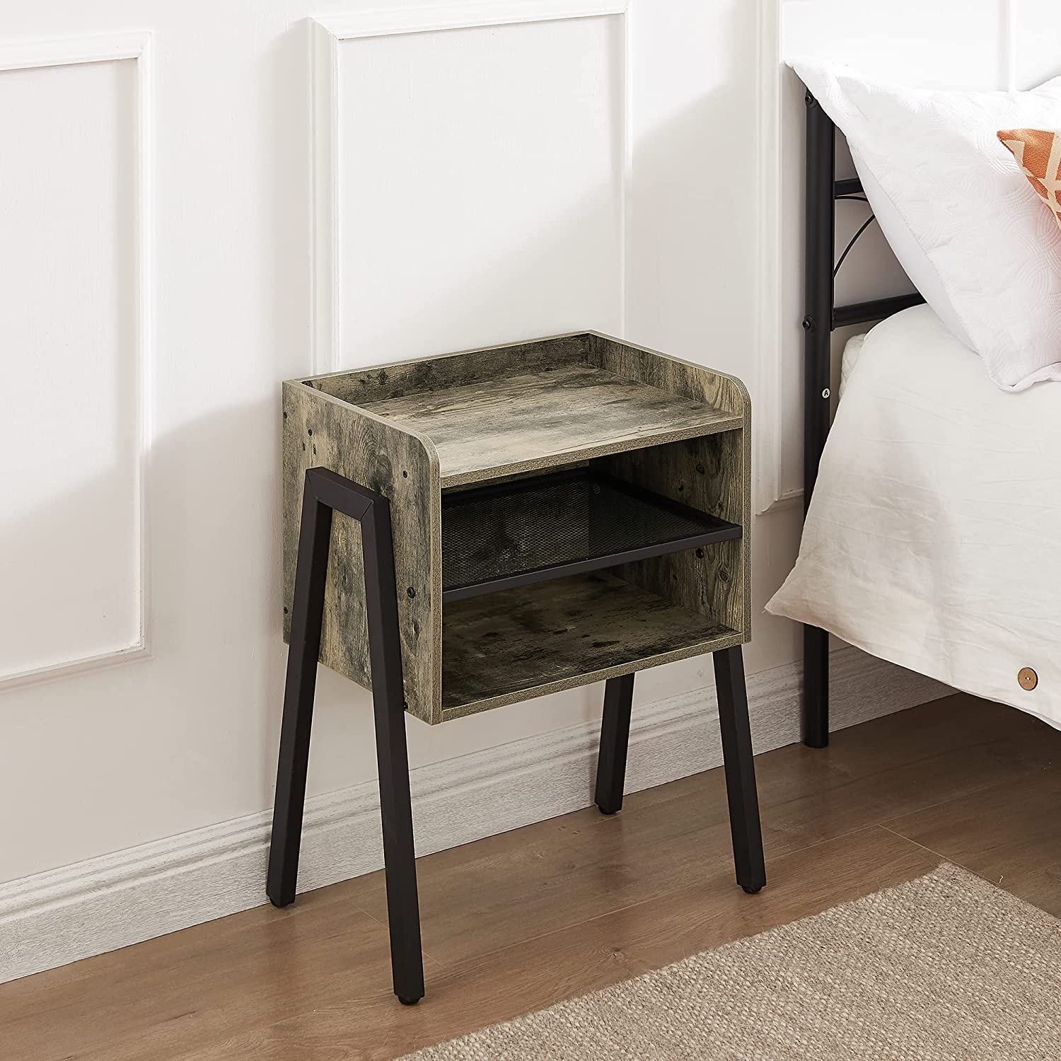 VECELO Nightstand Industrial Side End Table Accent Furniture with 2-Tier Open Storage Compartments