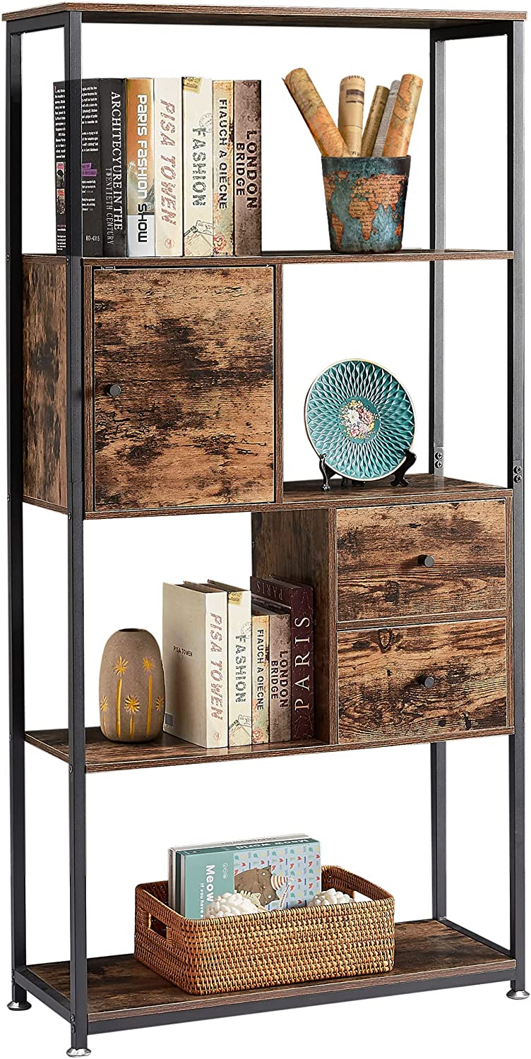 VECELO Bookshelf,4-Tier Metal Frame Book Shelf,Open Display Shelf with 2 Drawers and 1 Cabinet