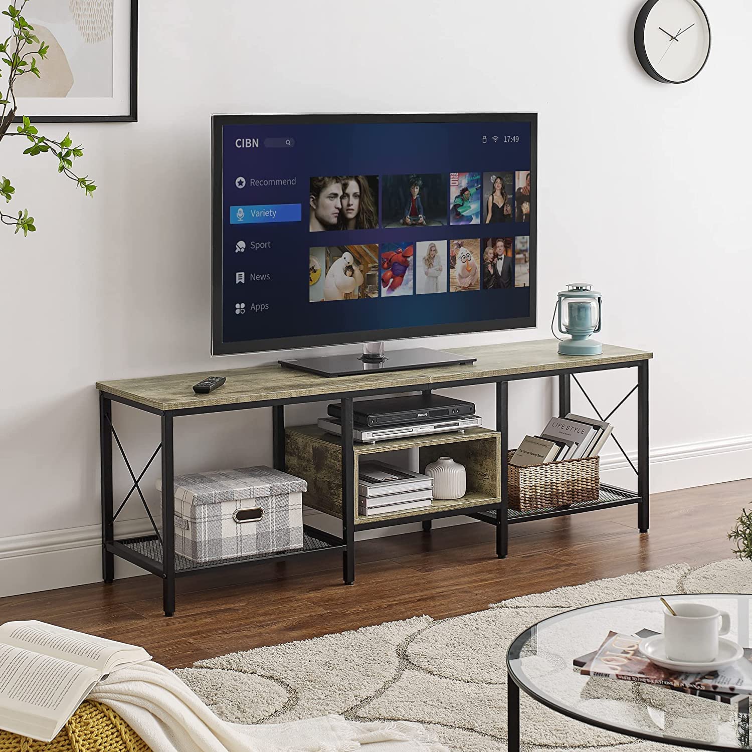 VECELO Industrial TV Stand Television Cabinet 3-Tier Console with Open Storage Shelves, Entertainment Center with Metal Frame for Living Room