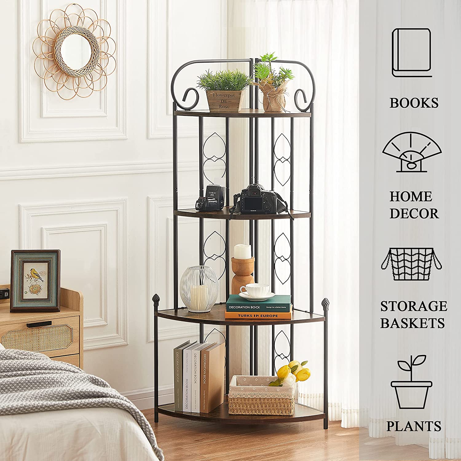 VECELO 4-Tier Ladder Corner Storage Shelf with Metal Frame, Multipurpose Bookshelf Bookcase - VECELO