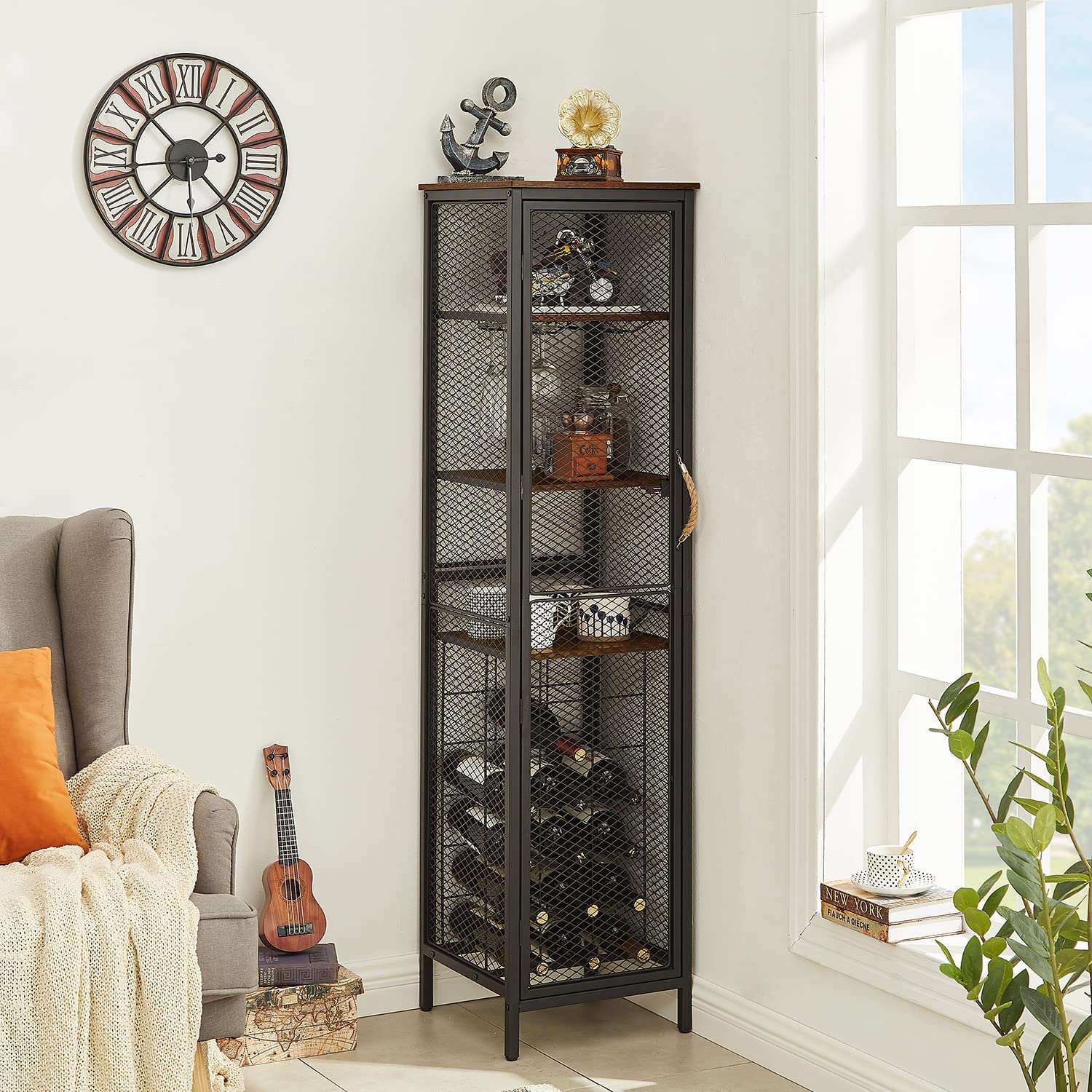VECELO 3 tier Industrial Wine Bar Rack Storage Cabinet for Liquor and Glasses Holder Dishes