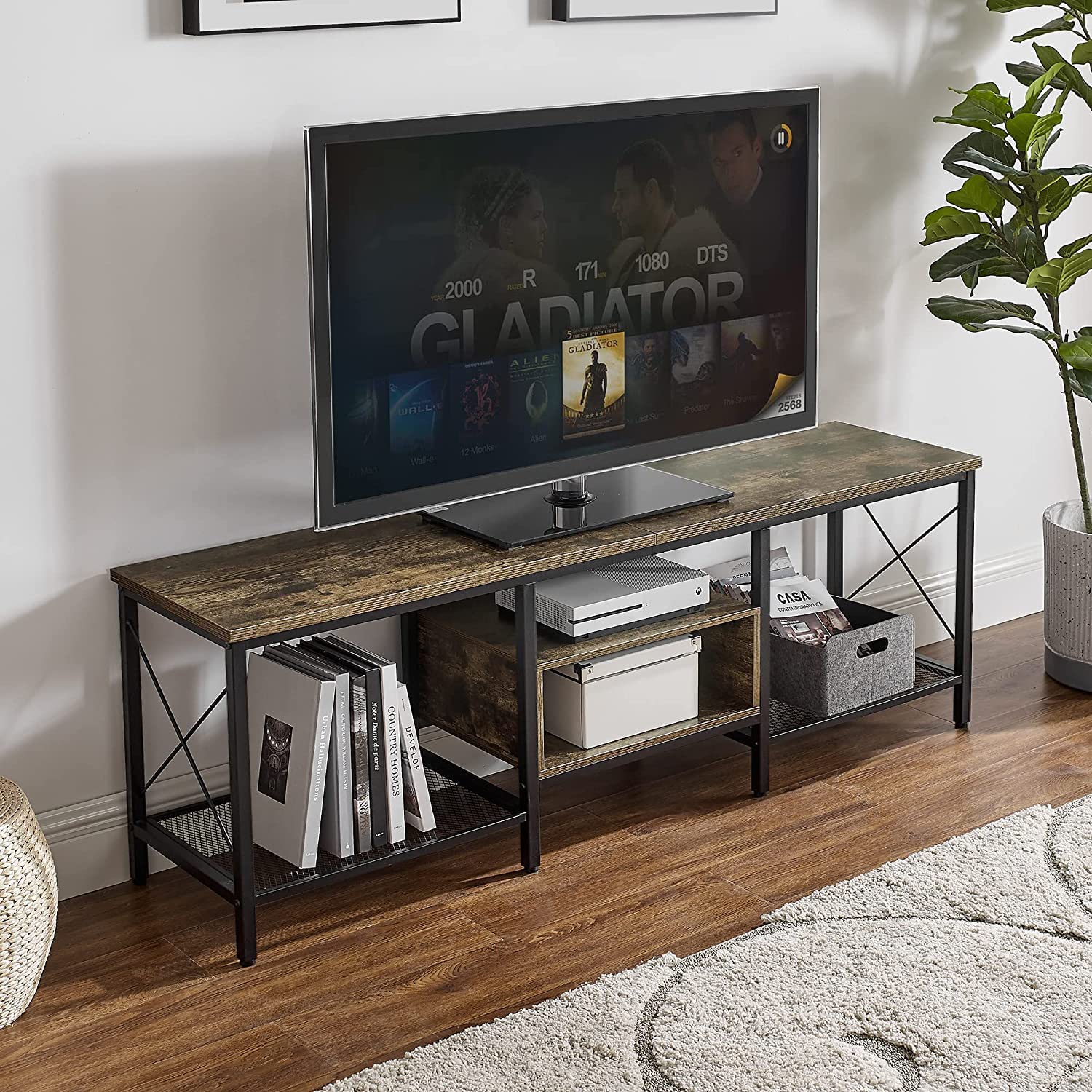VECELO Industrial TV Stand Television Cabinet 3-Tier Console with Open Storage Shelves, Entertainment Center with Metal Frame for Living Room