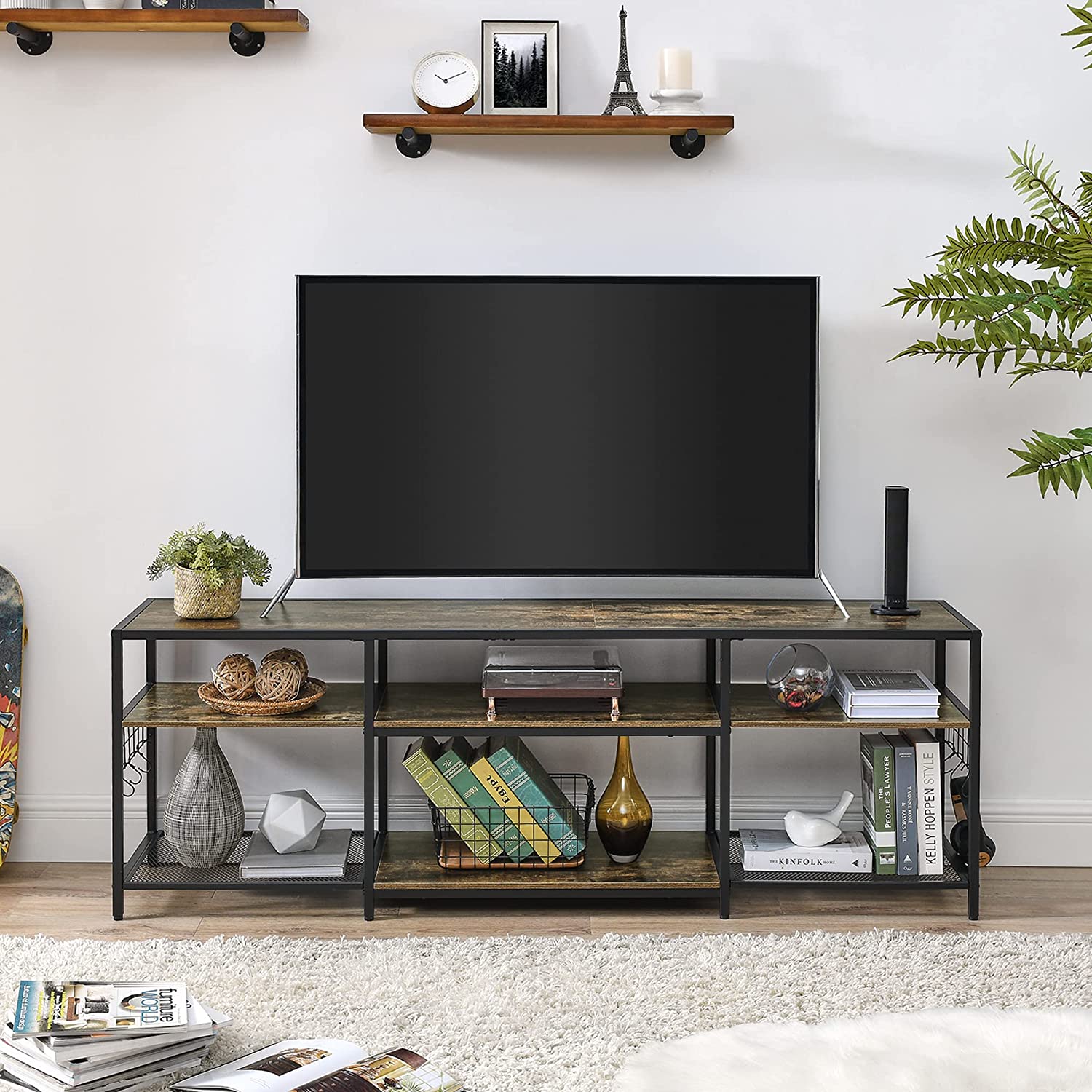 VECELO TV Stand Entertainment Center Media Console with 3-Tier Open Storage Shelves, Cabinet Table for Living Room Brown