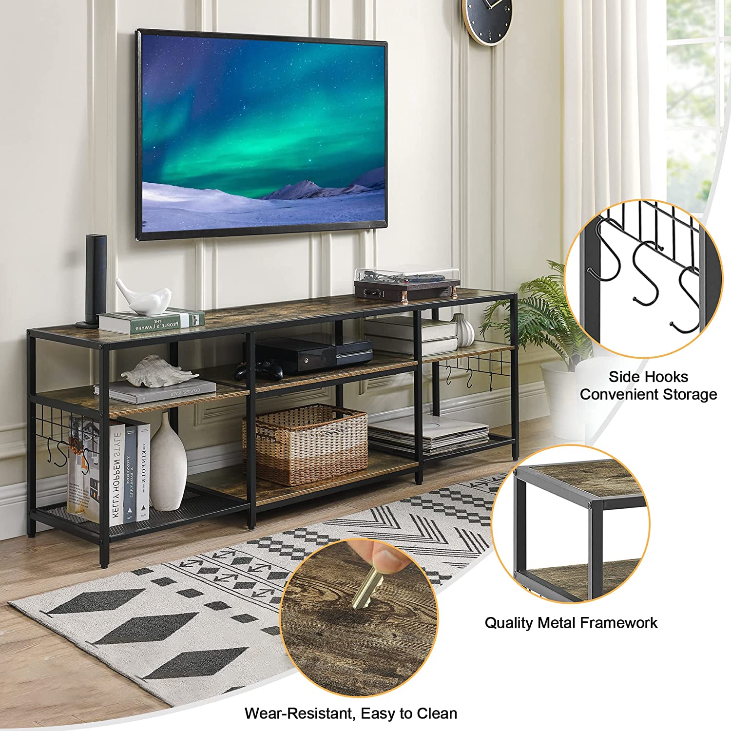 VECELO TV Stand Entertainment Center Media Console with 3-Tier Open Storage Shelves, Cabinet Table for Living Room Brown