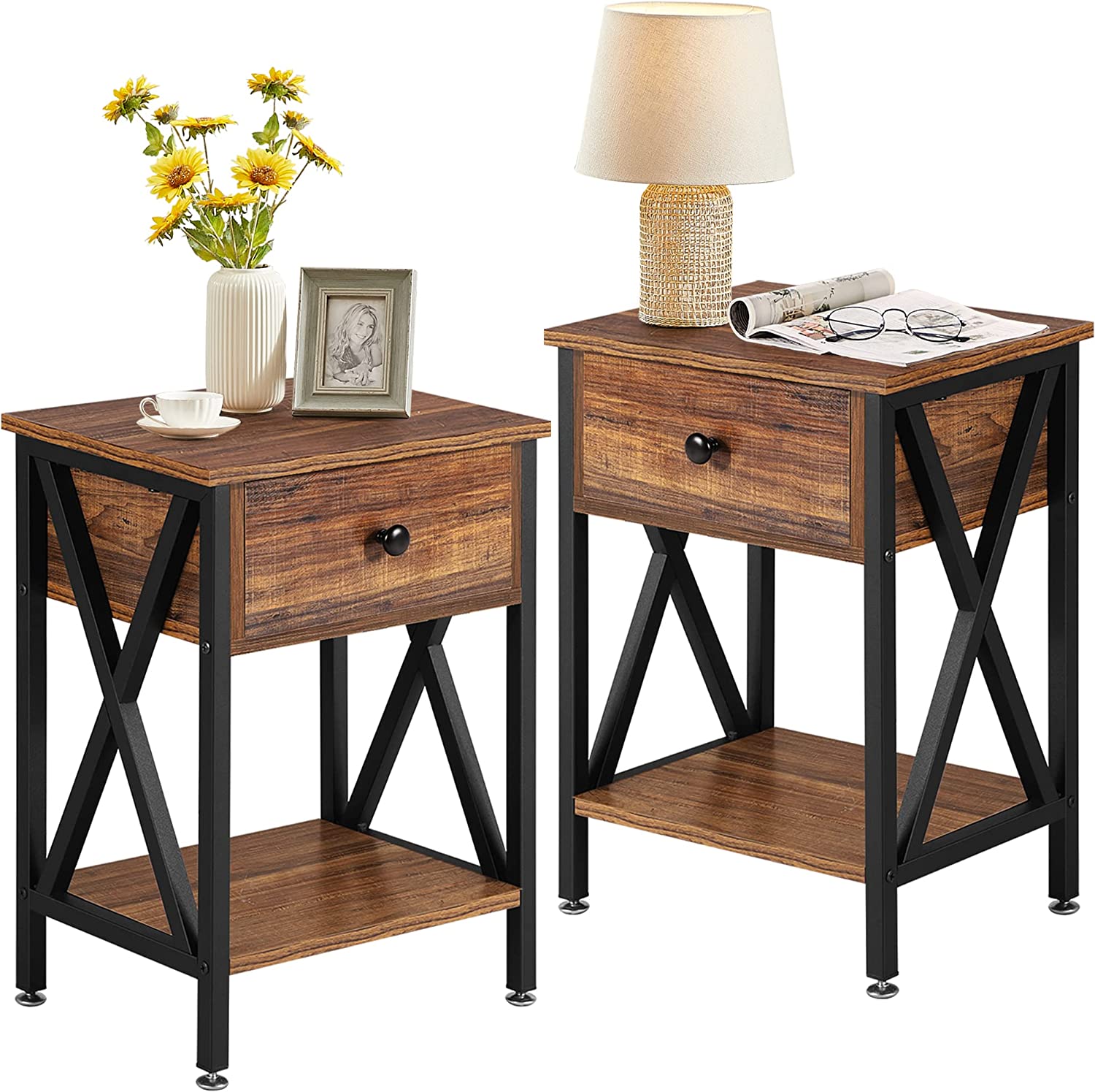 Versatile Nightstands X-Design Side End Table with Bin Drawer