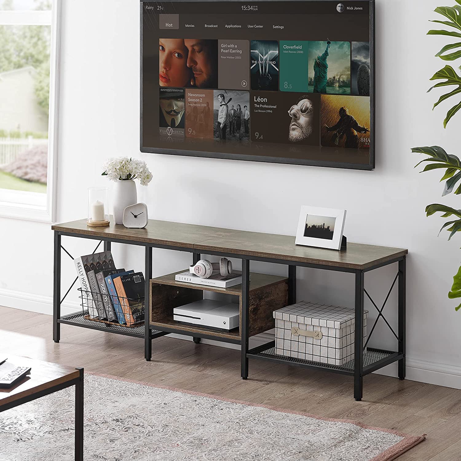 VECELO Industrial TV Stand Television Cabinet 3-Tier Console with Open Storage Shelves, Entertainment Center with Metal Frame for Living Room