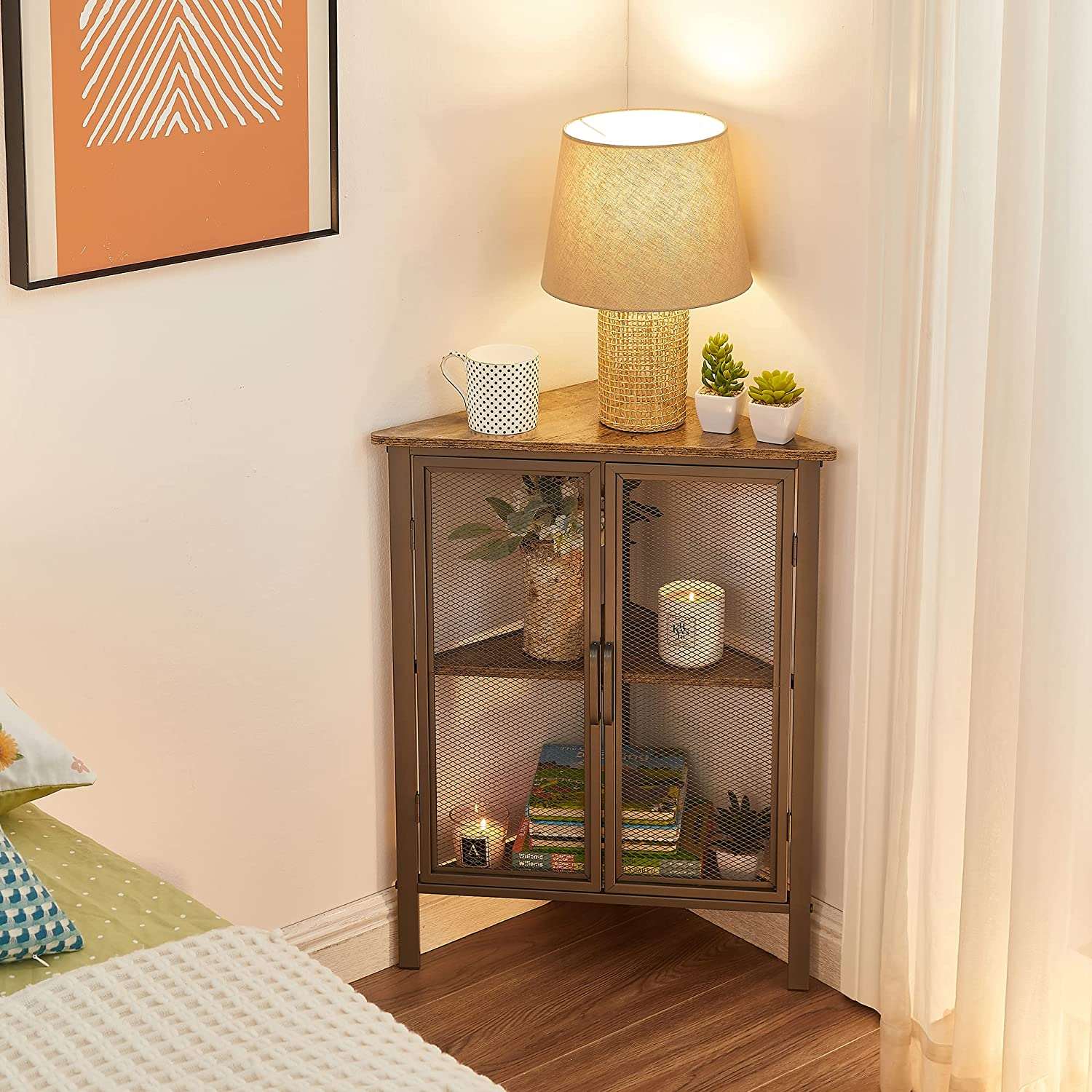 VECELO 3 Tier Corner Cabinet Shelf Display Rack with Grid Doors - VECELO