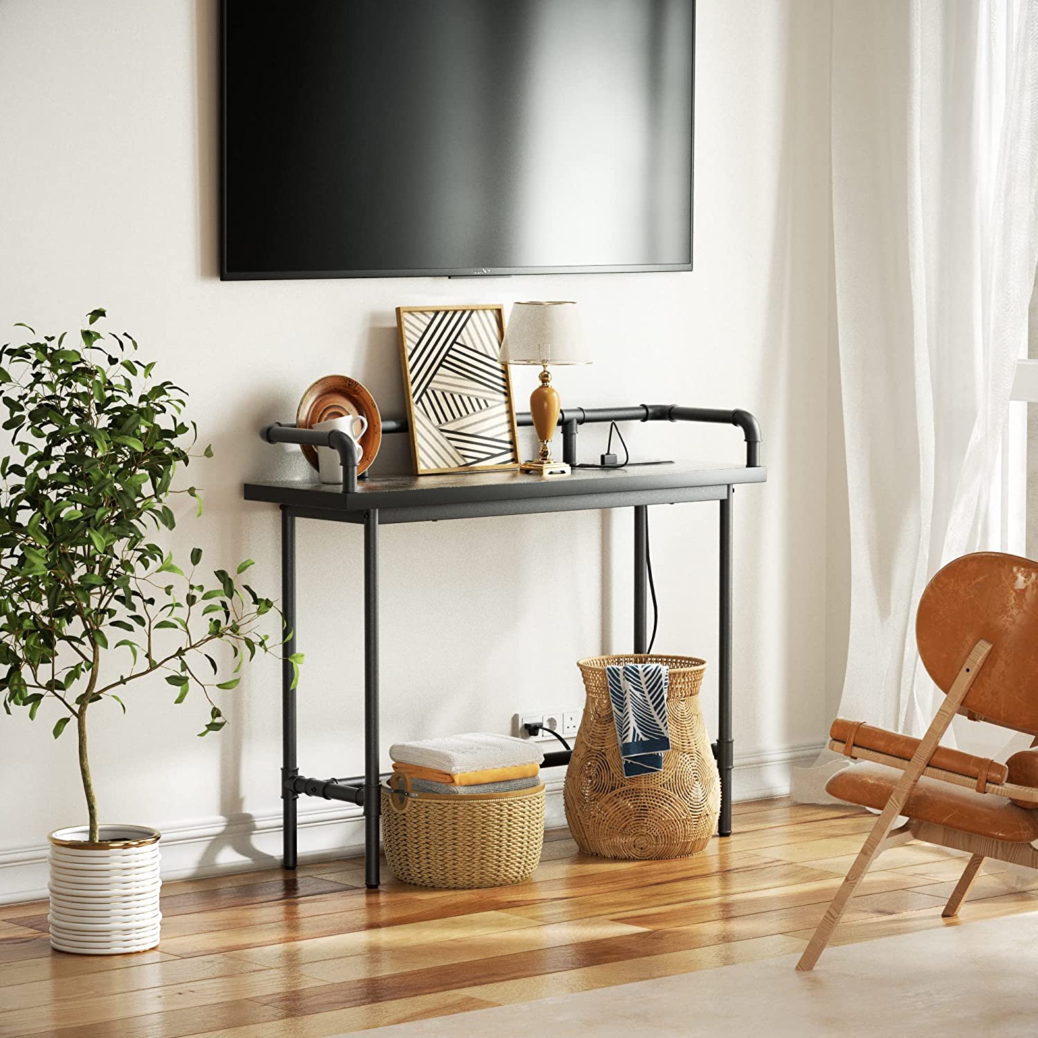 VECELO Extra Long Console/Sofa Table with Charging Station&Power Outle