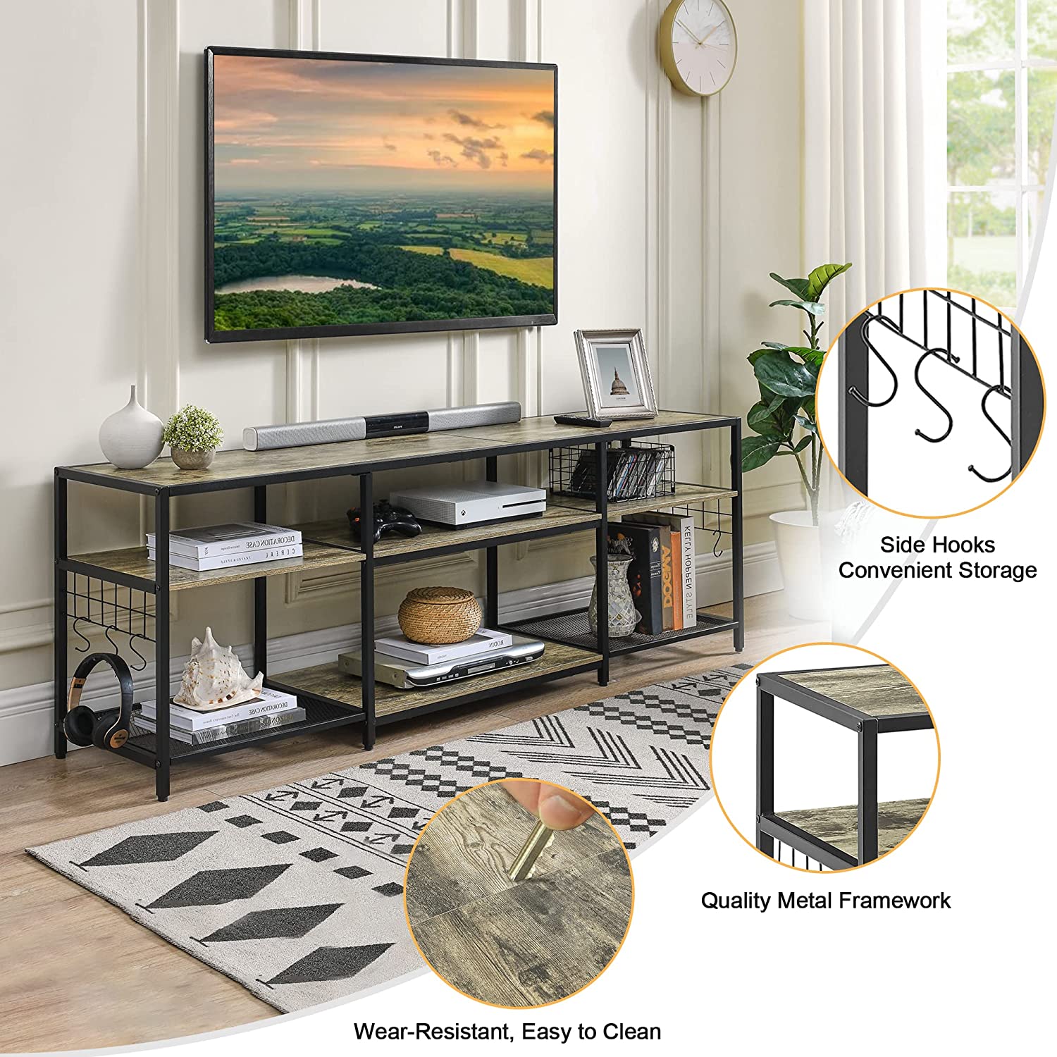 VECELO TV Stand Entertainment Center Media Console with 3-Tier Open Storage Shelves