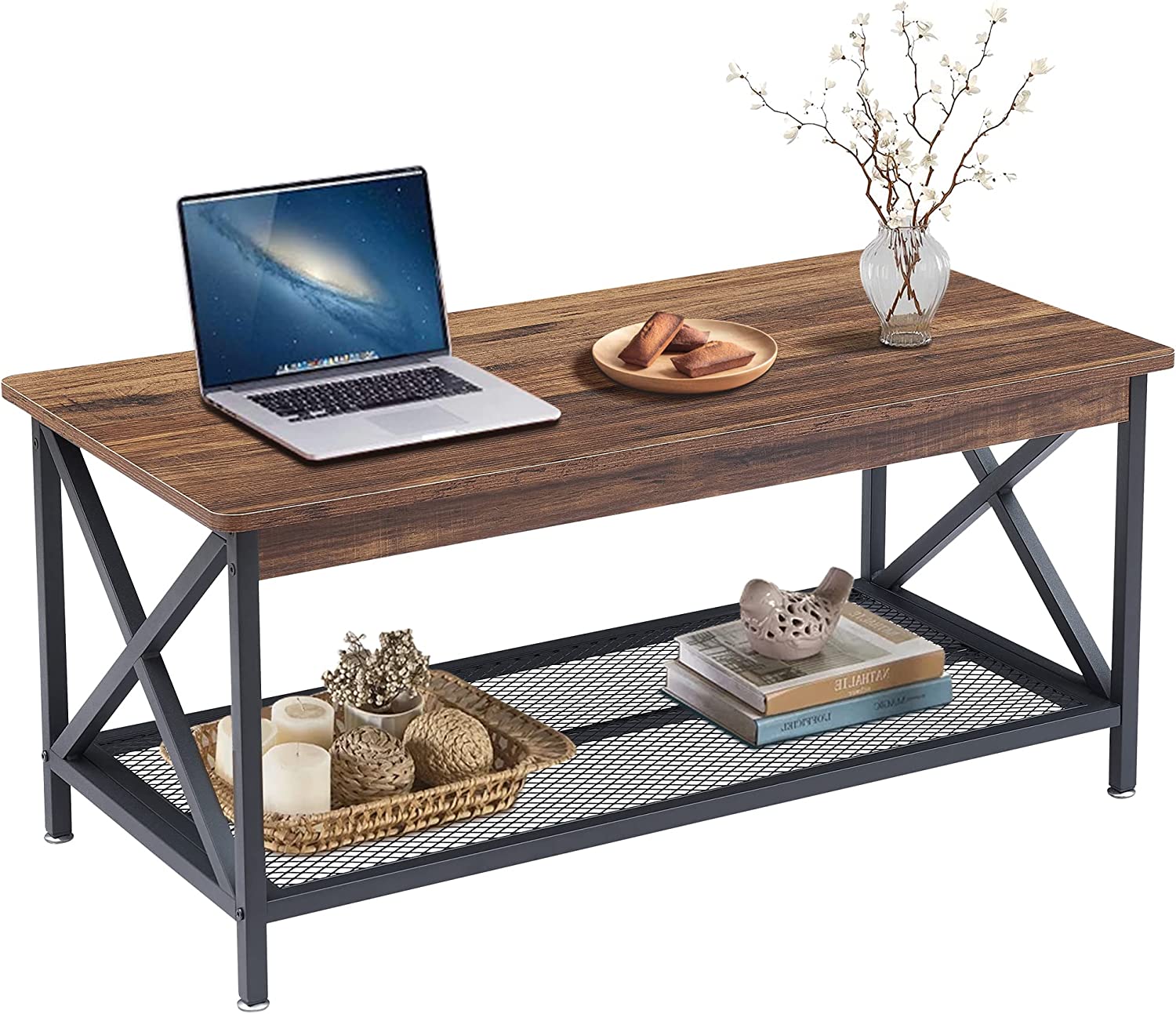 VECELO Coffee Table with Storage Shelf for Living Room 39.4 Inch, Simple Modern & Industrial Design - VECELO