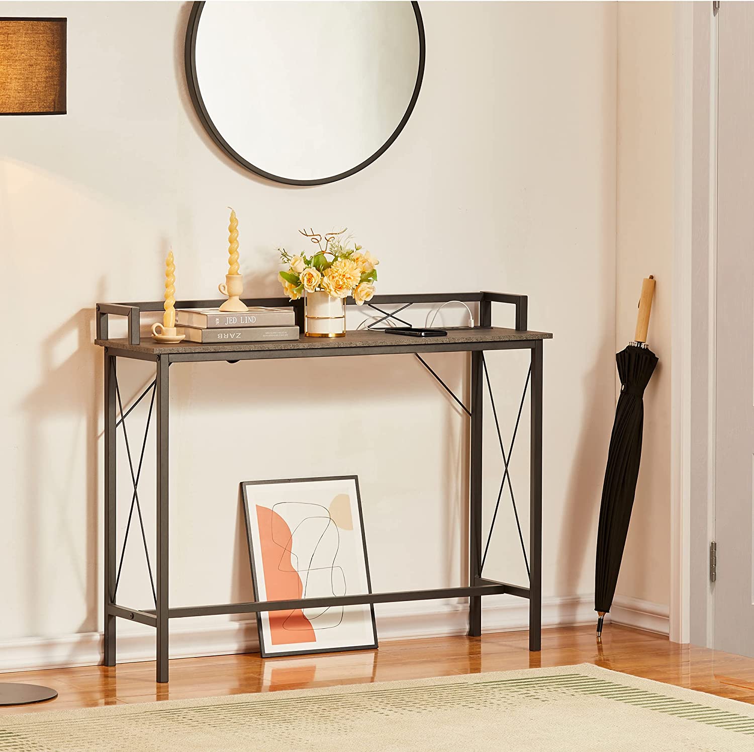 VECELO Extra Long Entryway Narrow Sofa Couch Behind Console Table with Power Outlet & USB Ports