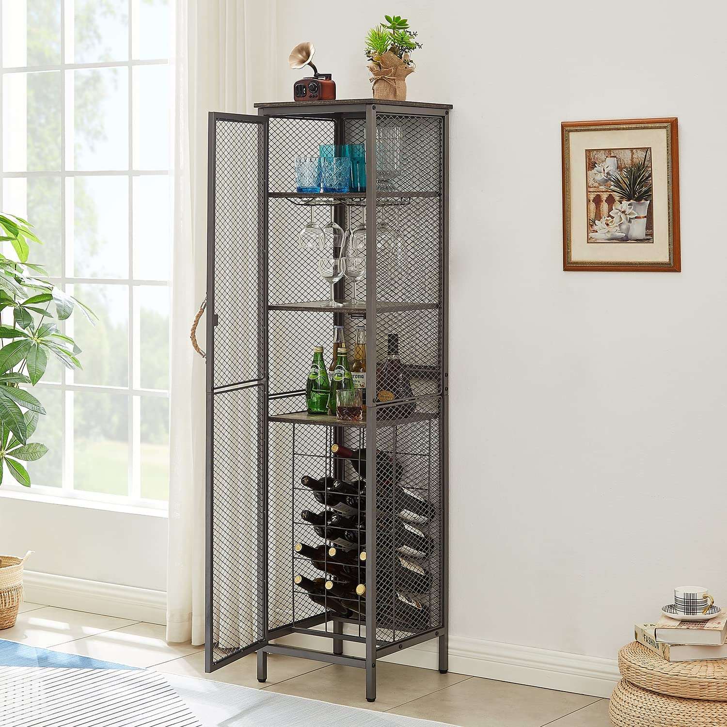 VECELO 3 tier Industrial Wine Bar Rack Storage Cabinet for Liquor and Glasses Holder Dishes