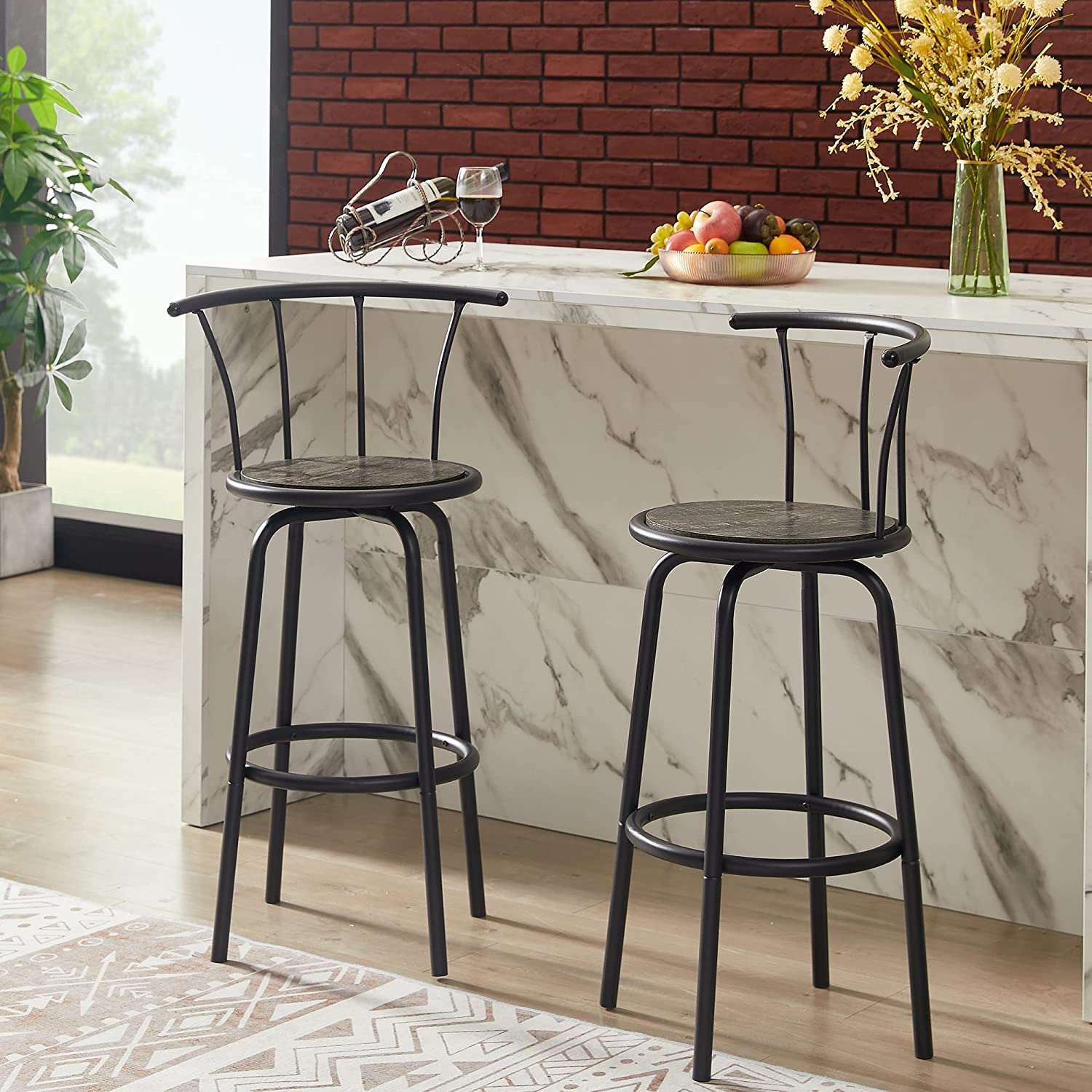 VECELO 27.3 Inch Bar Stools Set of 2 with Back Metal Barstools/Industrial Steel Frame for Kitchen