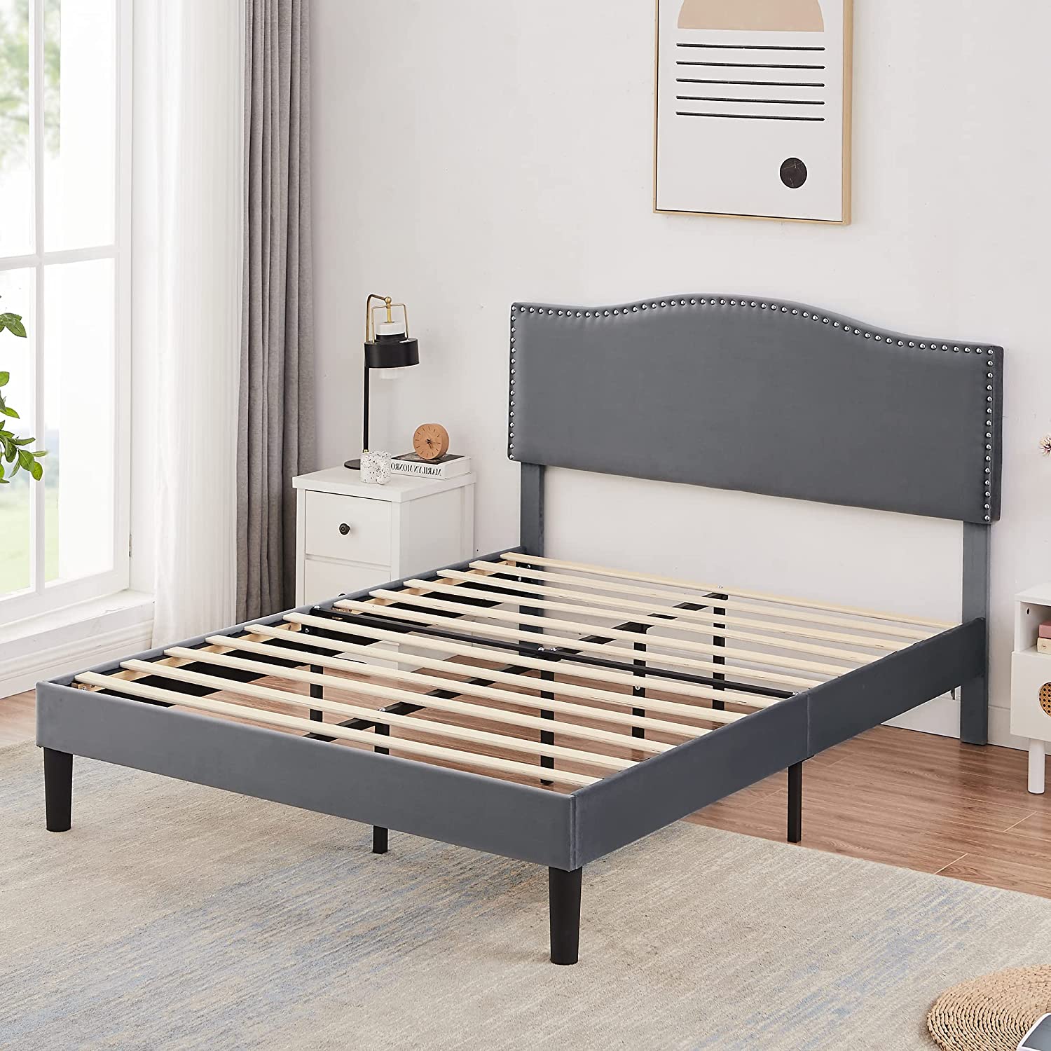 VECELO Bed Frame Platform with Upholstered Headboard & Wooden Slats Support - VECELO