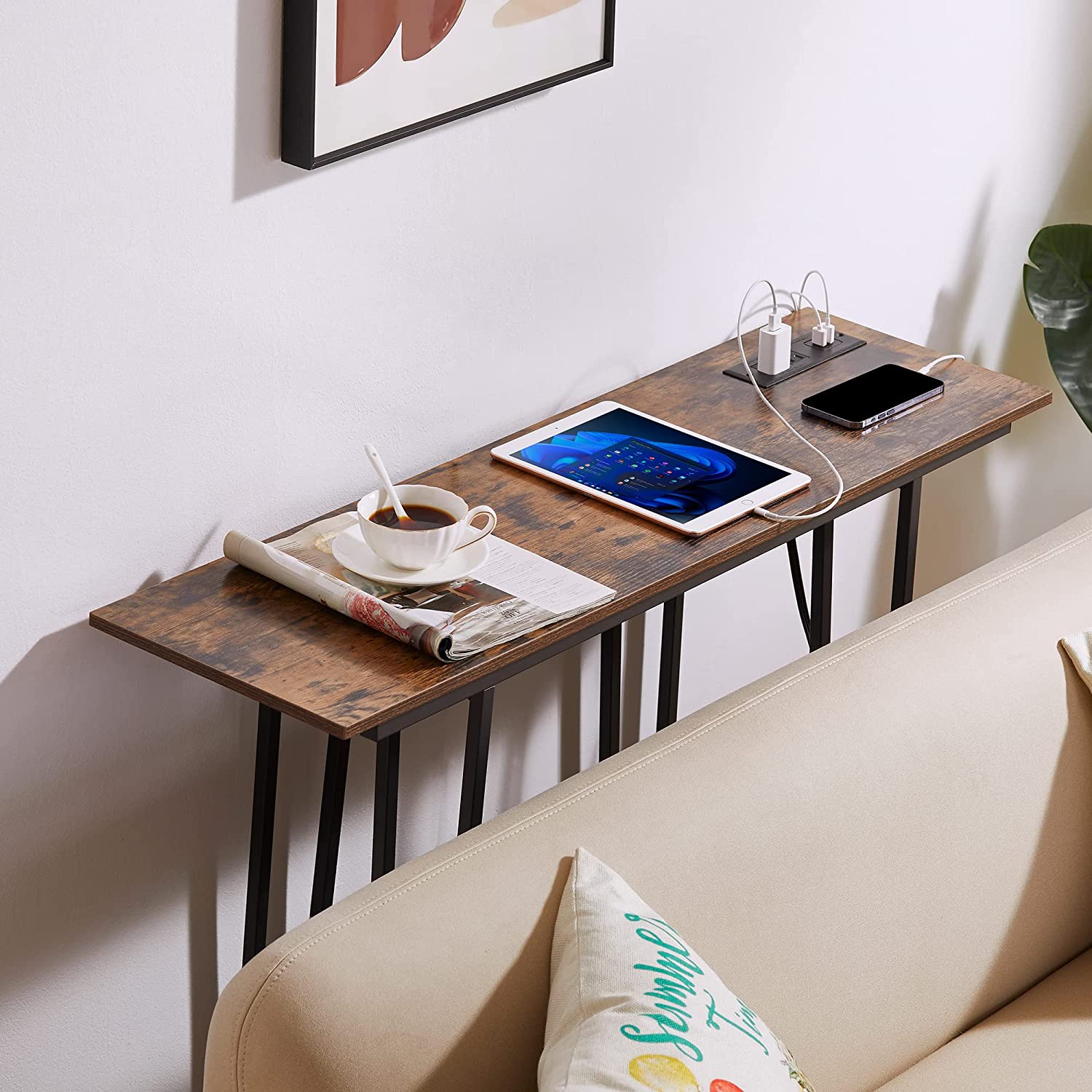 VECELO Couch Side & Console Table with 2 Outlets & 2 USB Ports