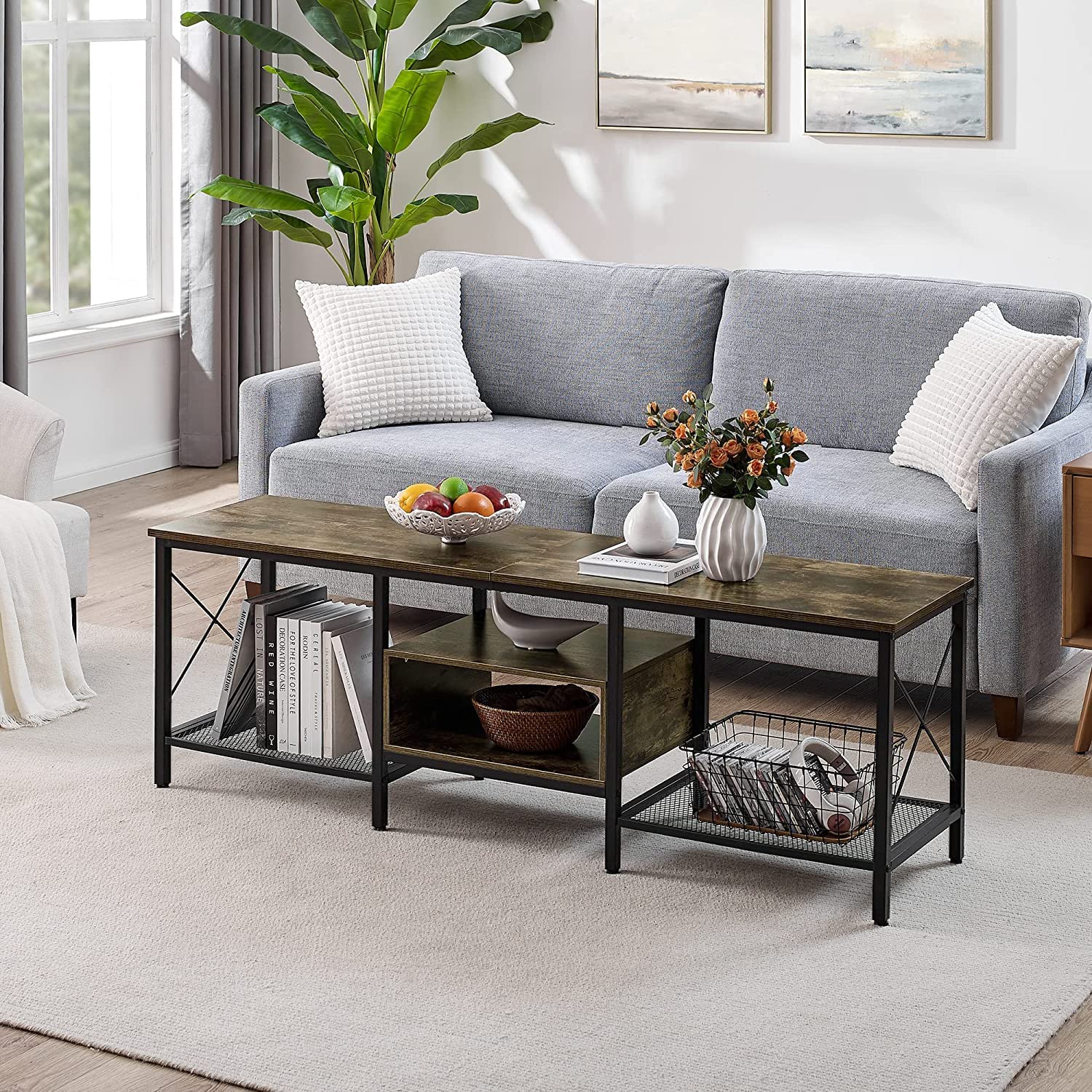 VECELO Industrial TV Stand Television Cabinet 3-Tier Console with Open Storage Shelves, Entertainment Center with Metal Frame for Living Room