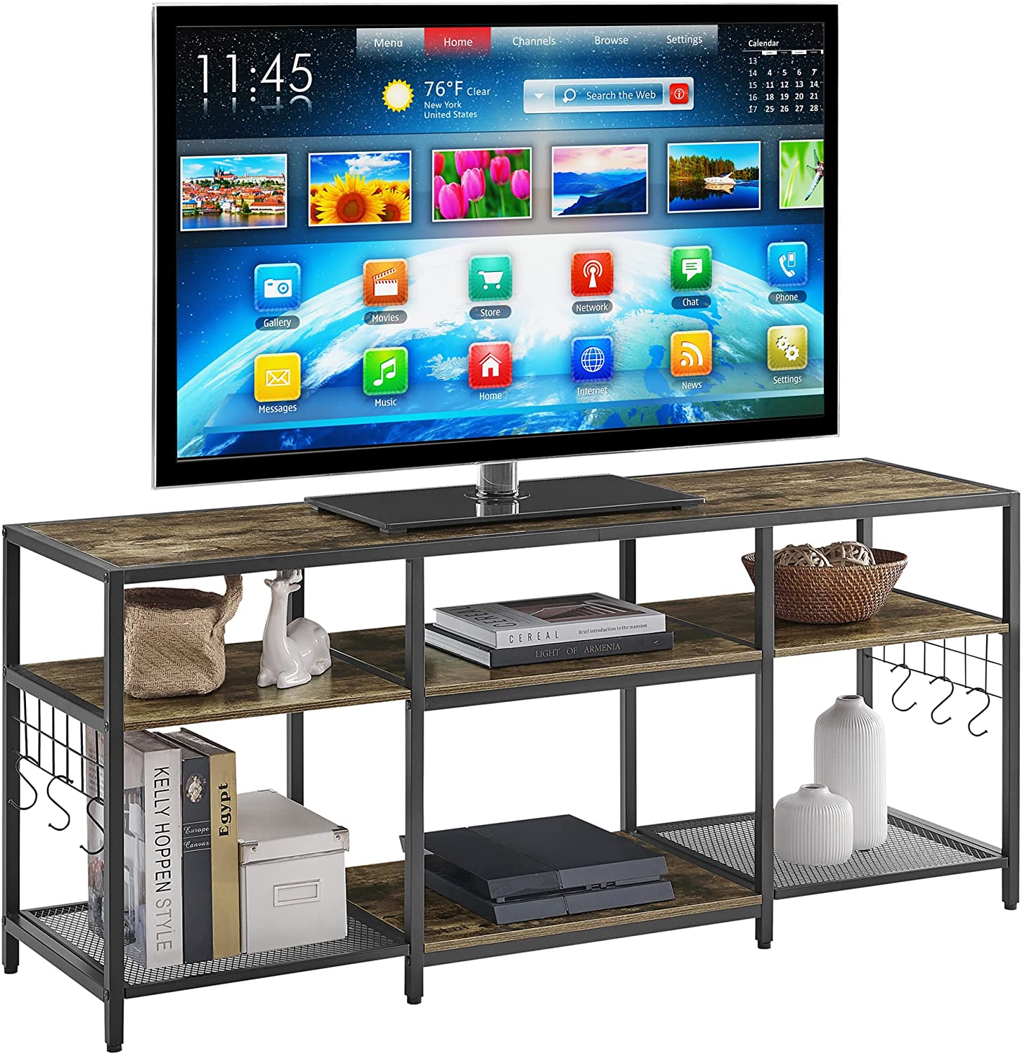 VECELO TV Stand Entertainment Center Media Console with 3-Tier Open Storage Shelves, Cabinet Table for Living Room Brown