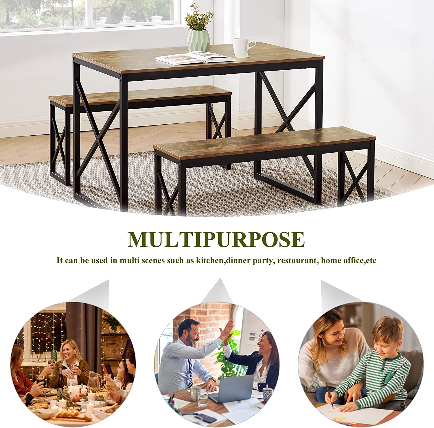 VECELO Kitchen Table with 2 Benches for 4