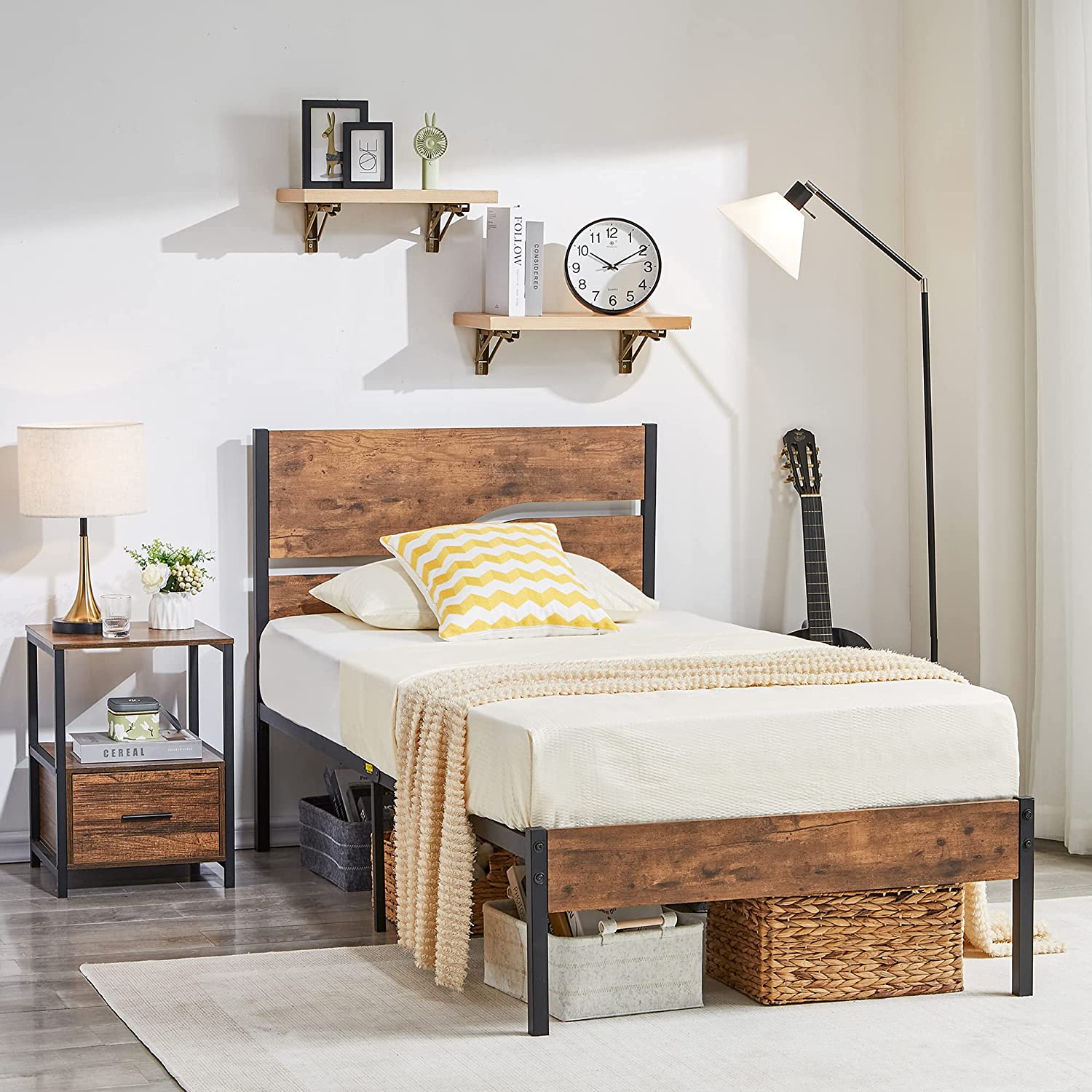 VECELO Platform Bed Frame/Mattress Foundation with Rustic Vintage Wood Headboard